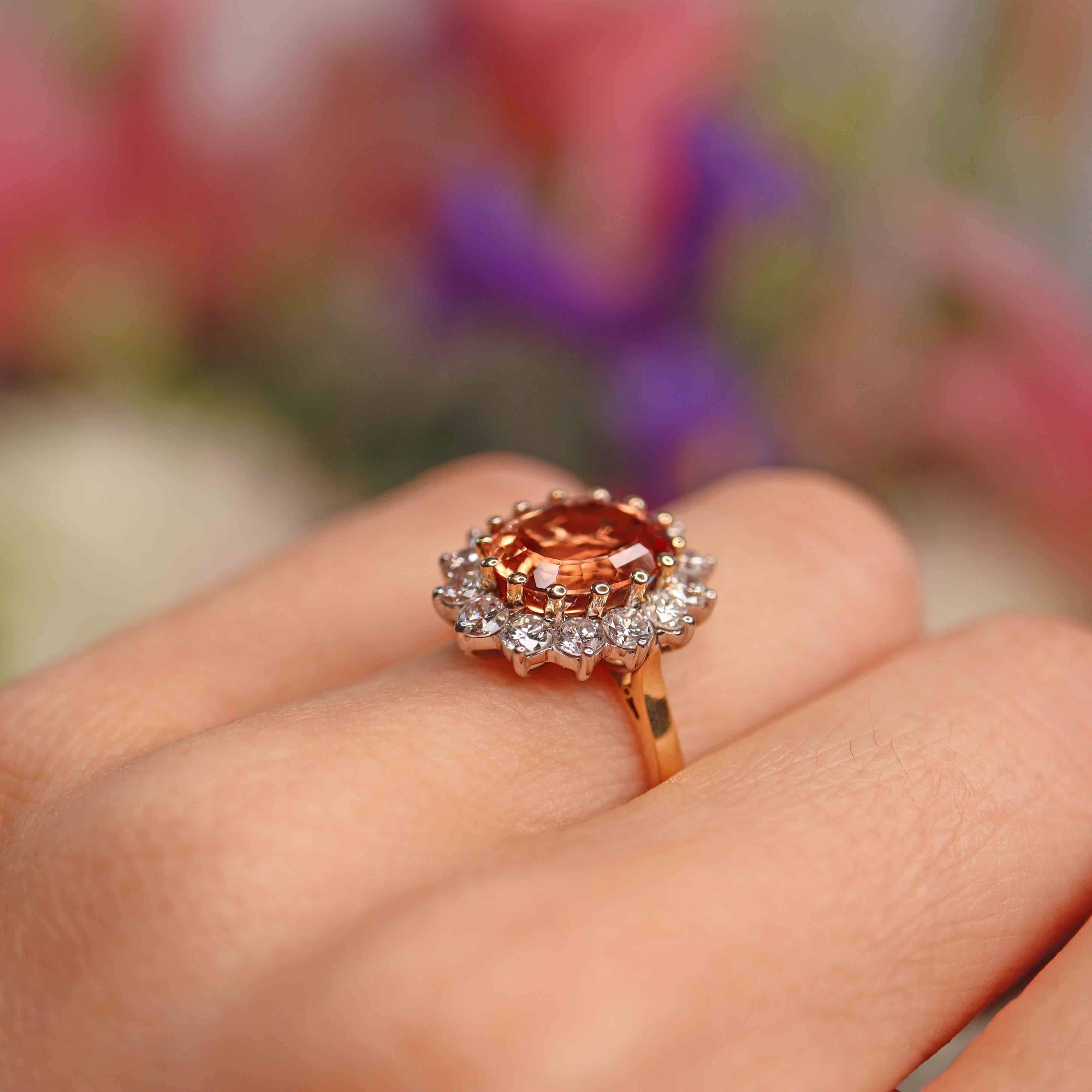 Ellibelle Jewellery Vintage 1989 Imperial Topaz & Diamond 18ct Gold Cluster Ring (4.30cts)