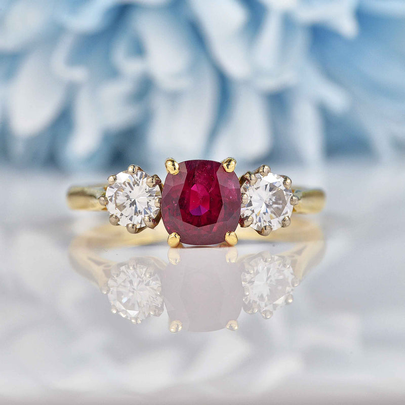 Ellibelle Jewellery Vintage 1989 Natural Ruby & Diamond 18ct Gold Three-Stone Engagement Ring