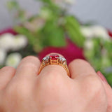 Ellibelle Jewellery Vintage 1989 Natural Ruby & Diamond 18ct Gold Three-Stone Engagement Ring