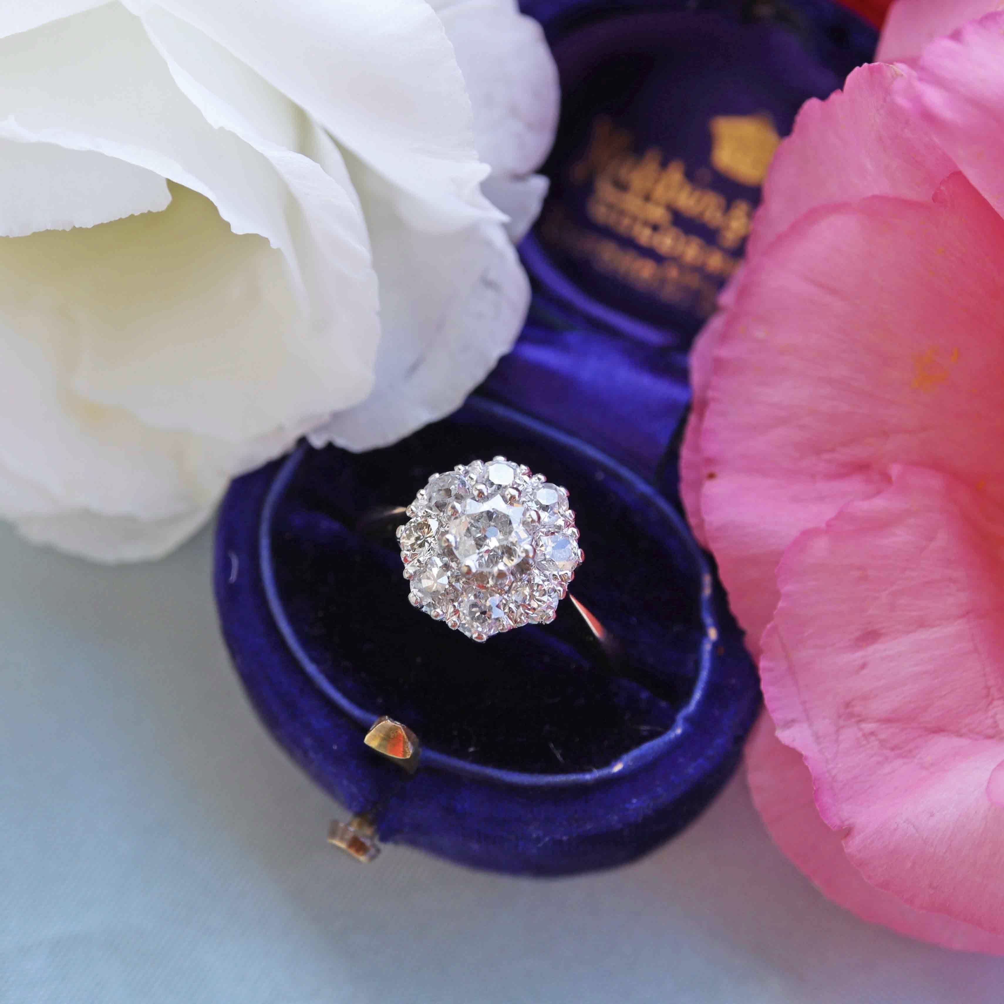 Ellibelle Jewellery Vintage 1989 Old-Mine-Cut Diamond 18ct Gold Cluster Ring (1.13cts)