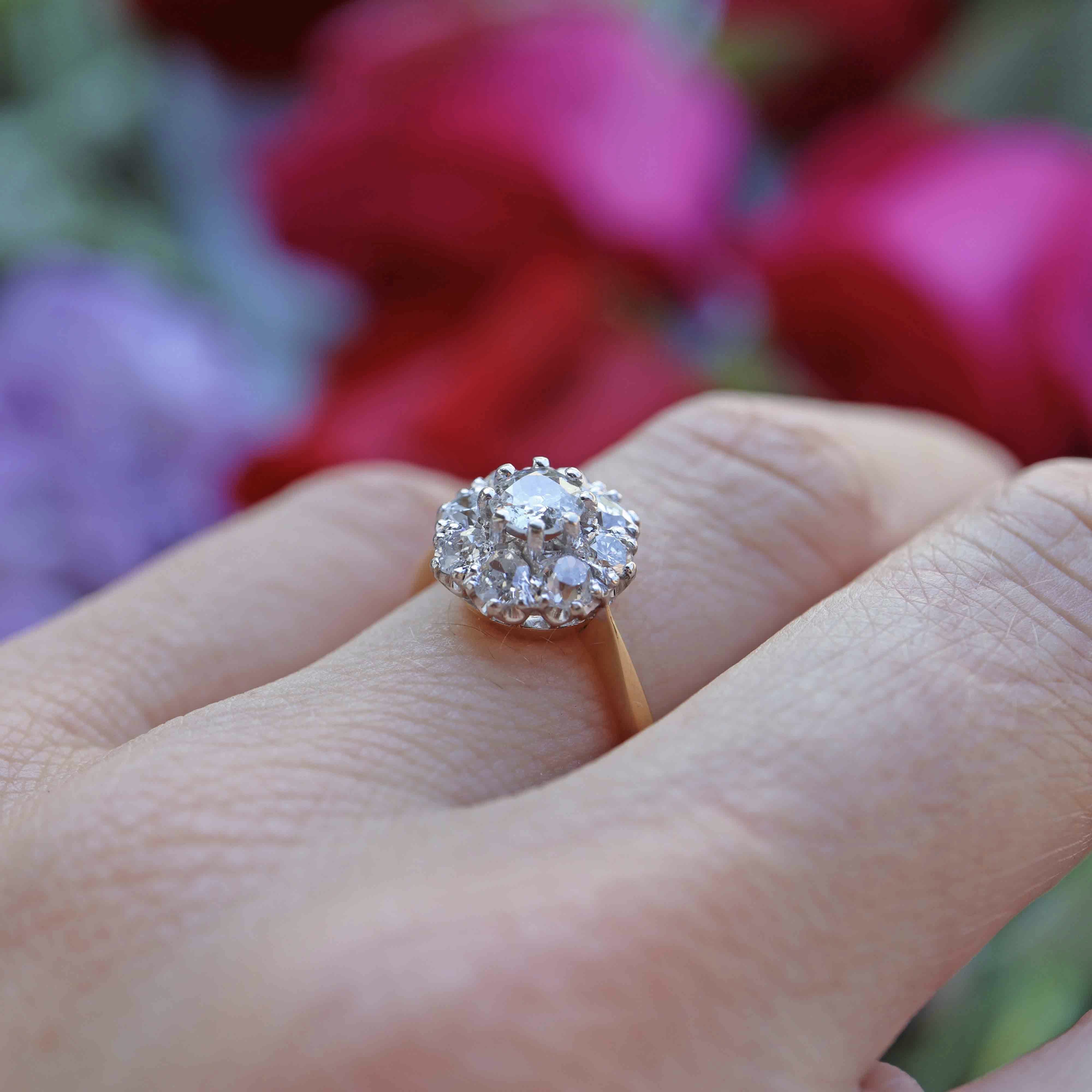 Ellibelle Jewellery Vintage 1989 Old-Mine-Cut Diamond 18ct Gold Cluster Ring (1.13cts)