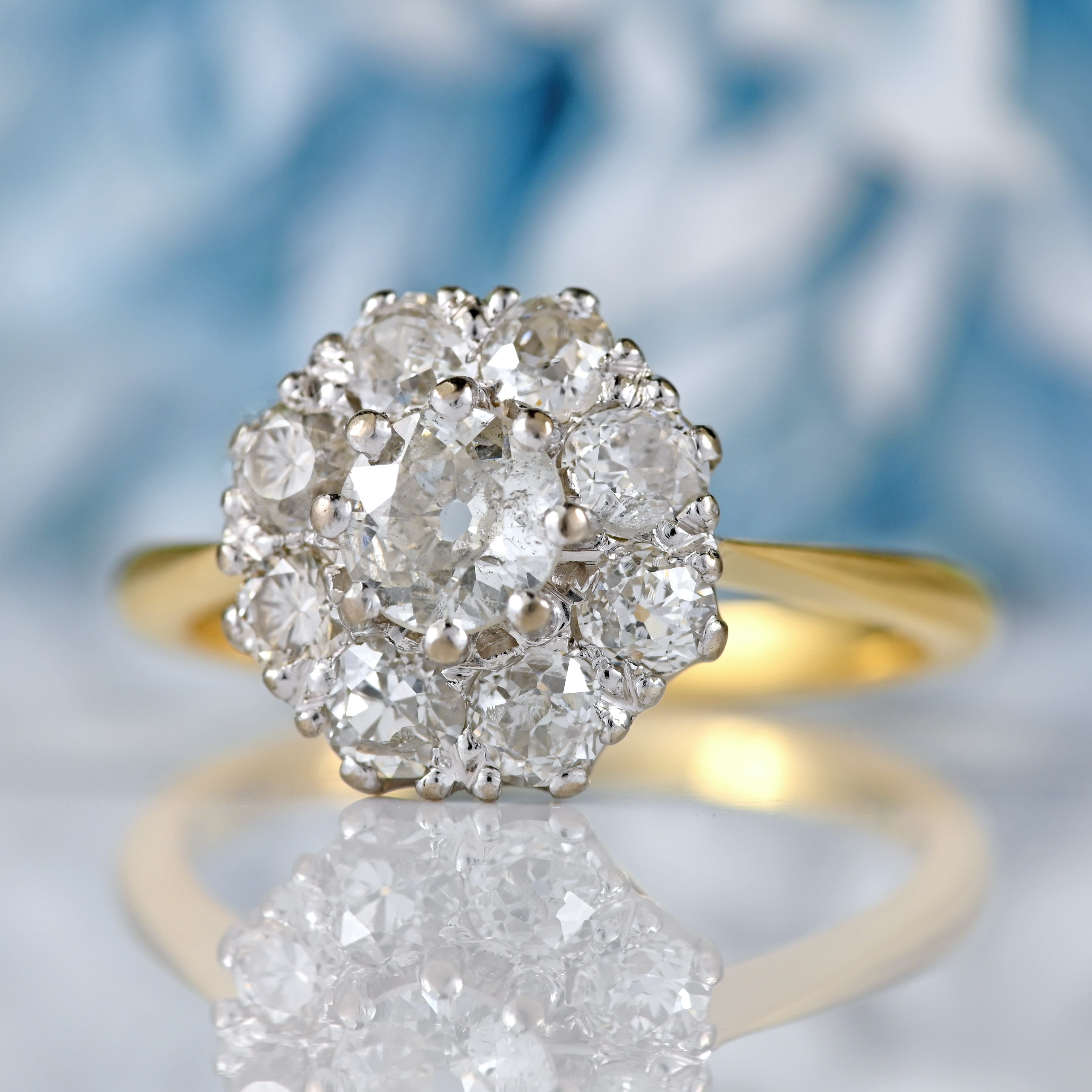 Ellibelle Jewellery Vintage 1989 Old-Mine-Cut Diamond 18ct Gold Cluster Ring (1.13cts)