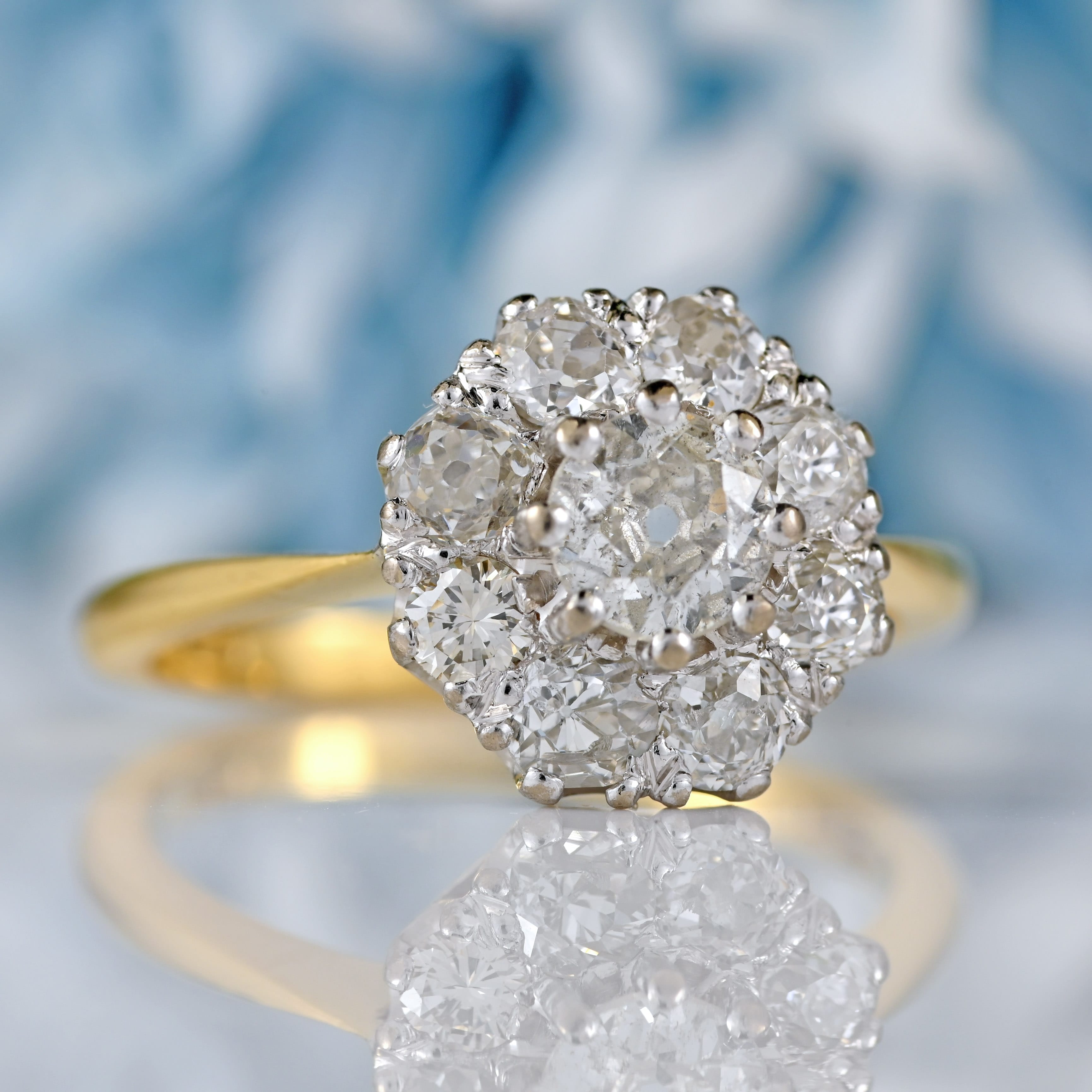 Ellibelle Jewellery Vintage 1989 Old-Mine-Cut Diamond 18ct Gold Cluster Ring (1.13cts)