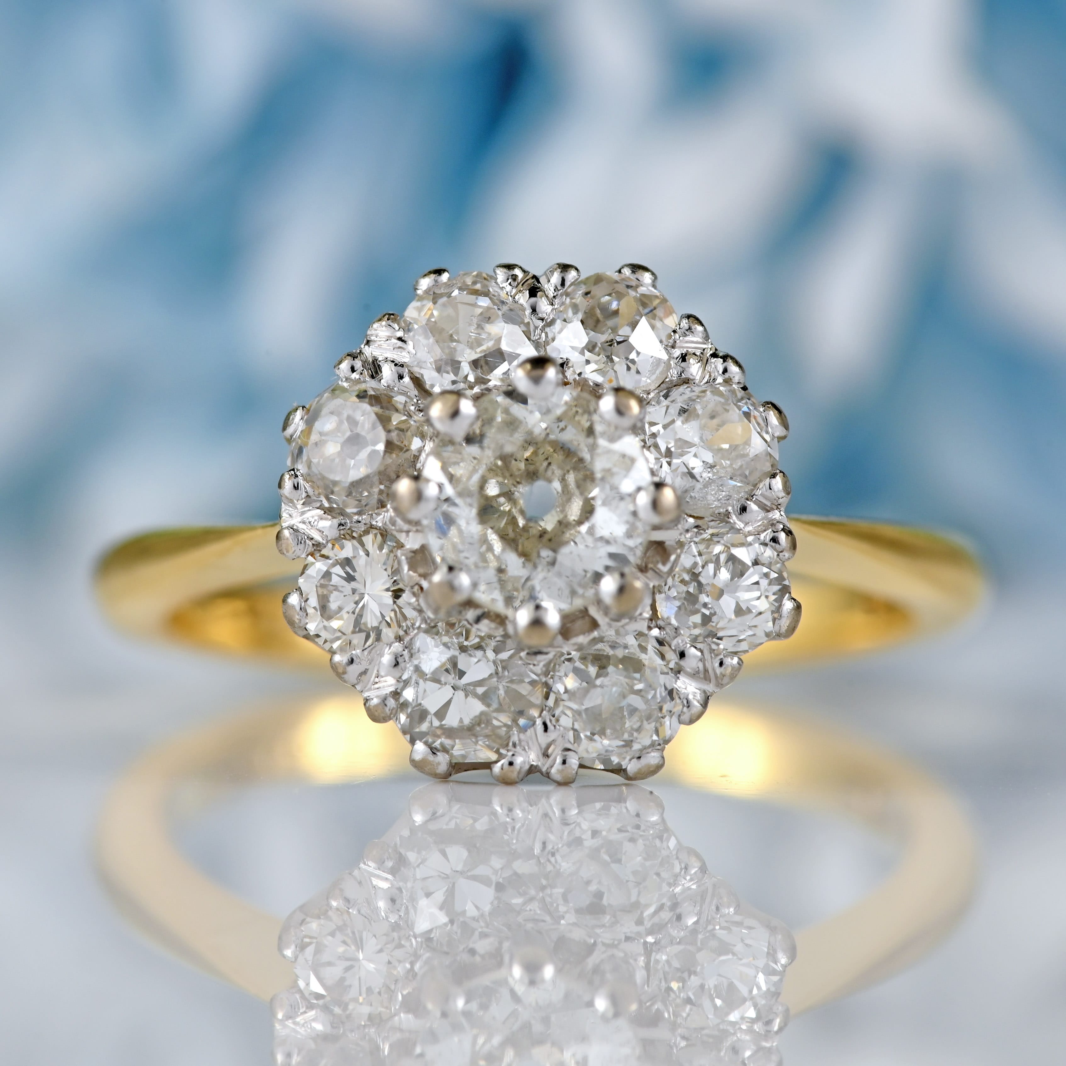 Ellibelle Jewellery Vintage 1989 Old-Mine-Cut Diamond 18ct Gold Cluster Ring (1.13cts)