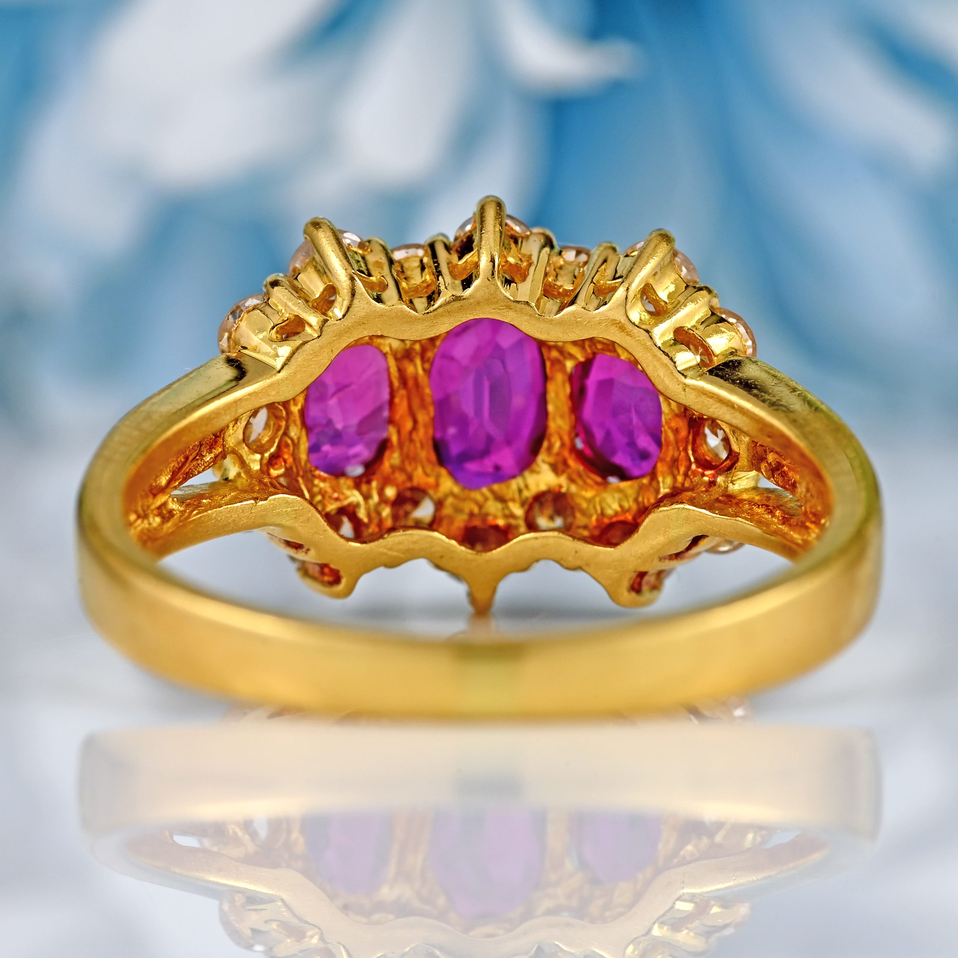 Ellibelle Jewellery Vintage 1989 Ruby & Diamond 18ct Gold Triple-Cluster Ring