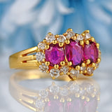 Ellibelle Jewellery Vintage 1989 Ruby & Diamond 18ct Gold Triple-Cluster Ring