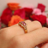 Ellibelle Jewellery Vintage 1989 Ruby & Diamond 18ct Gold Triple-Cluster Ring