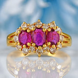 Ellibelle Jewellery Vintage 1989 Ruby & Diamond 18ct Gold Triple-Cluster Ring