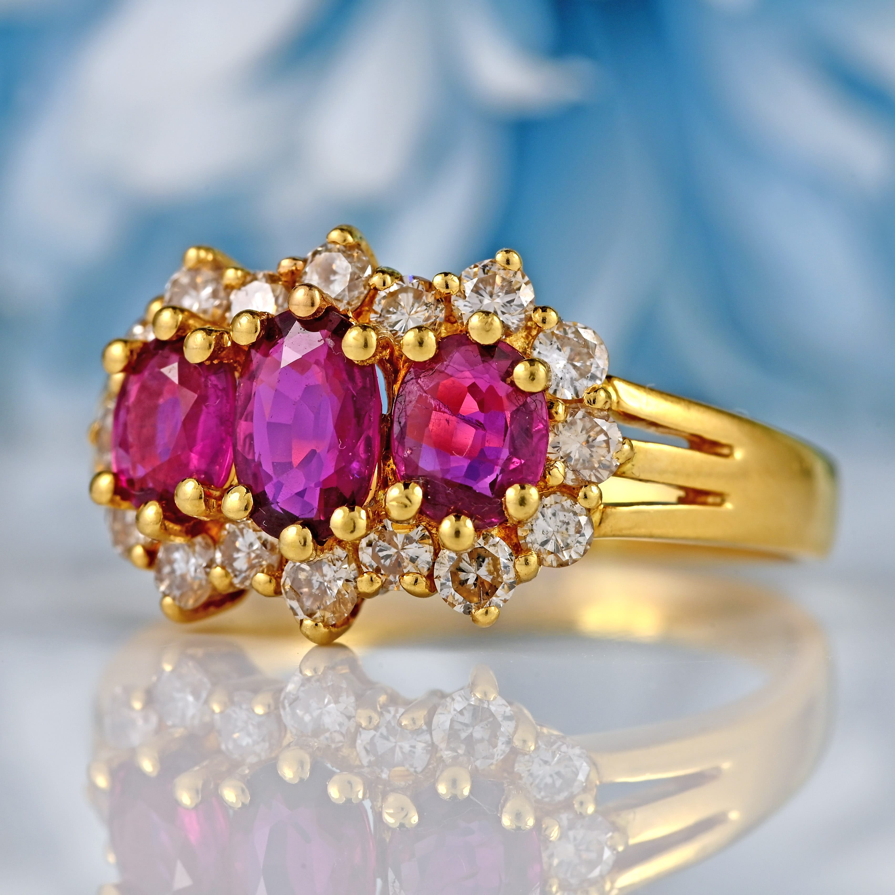Ellibelle Jewellery Vintage 1989 Ruby & Diamond 18ct Gold Triple-Cluster Ring