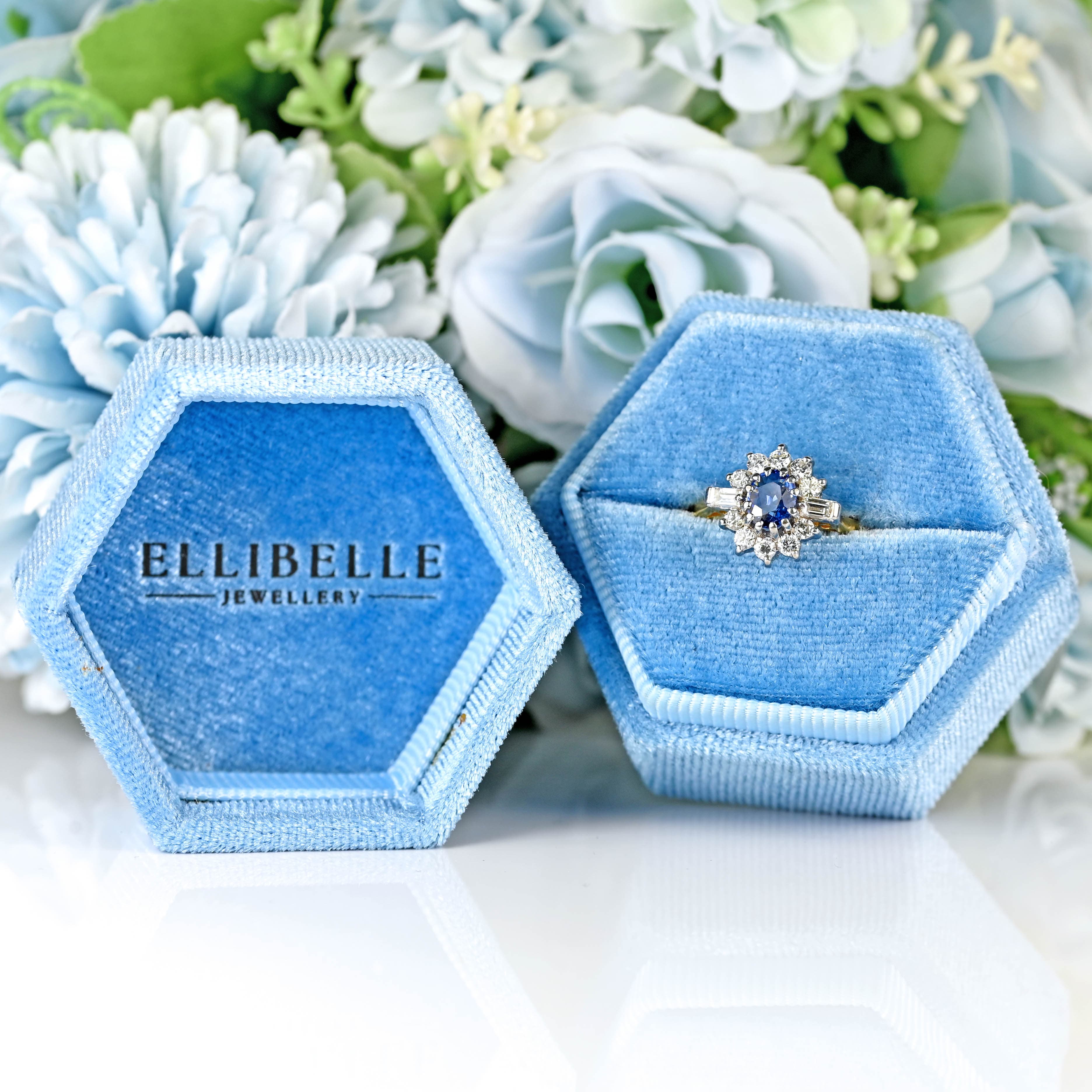 Ellibelle Jewellery Vintage 1989 Sapphire & Diamond 18ct Gold Cluster Engagement Ring (0.60cts)