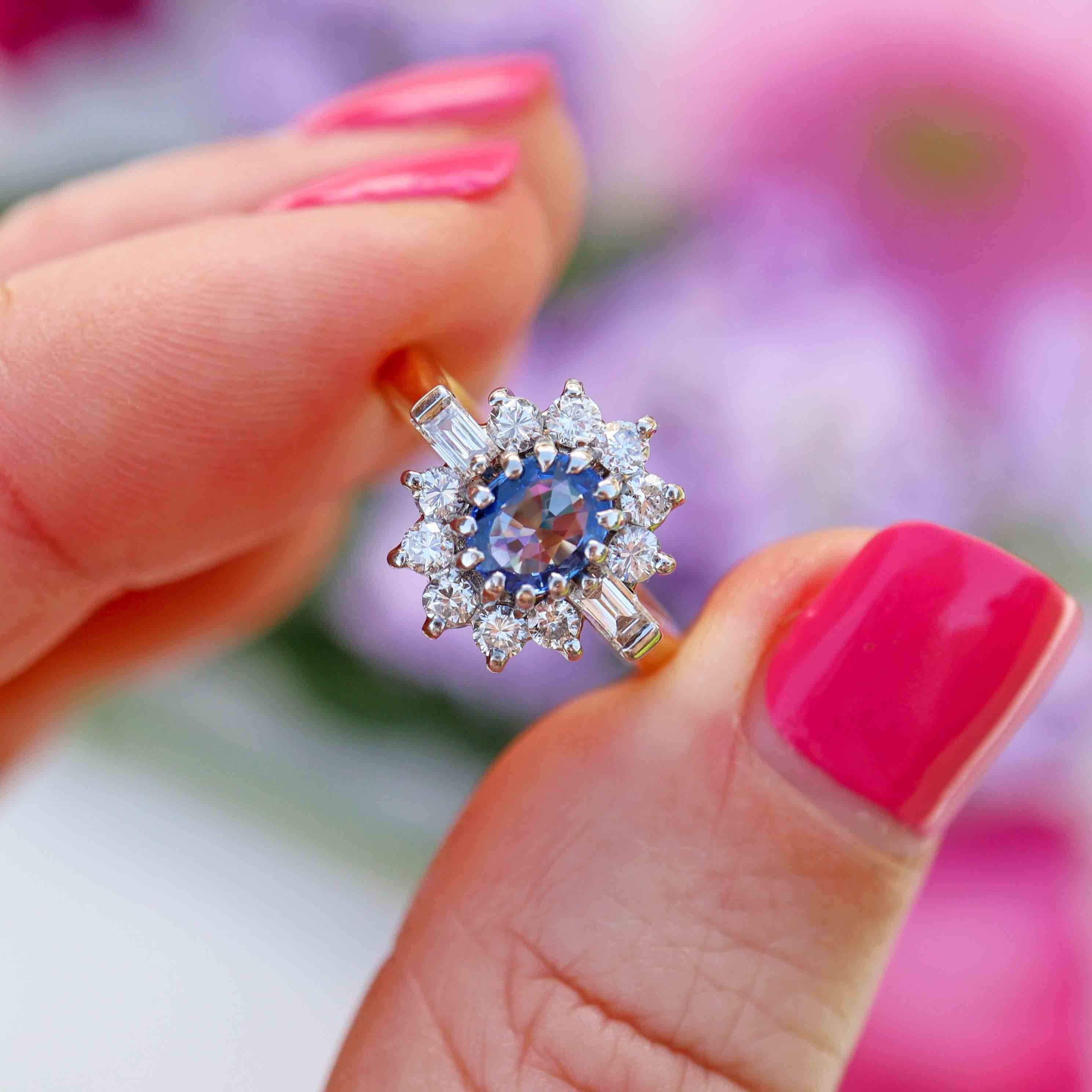 Ellibelle Jewellery Vintage 1989 Sapphire & Diamond 18ct Gold Cluster Engagement Ring (0.60cts)