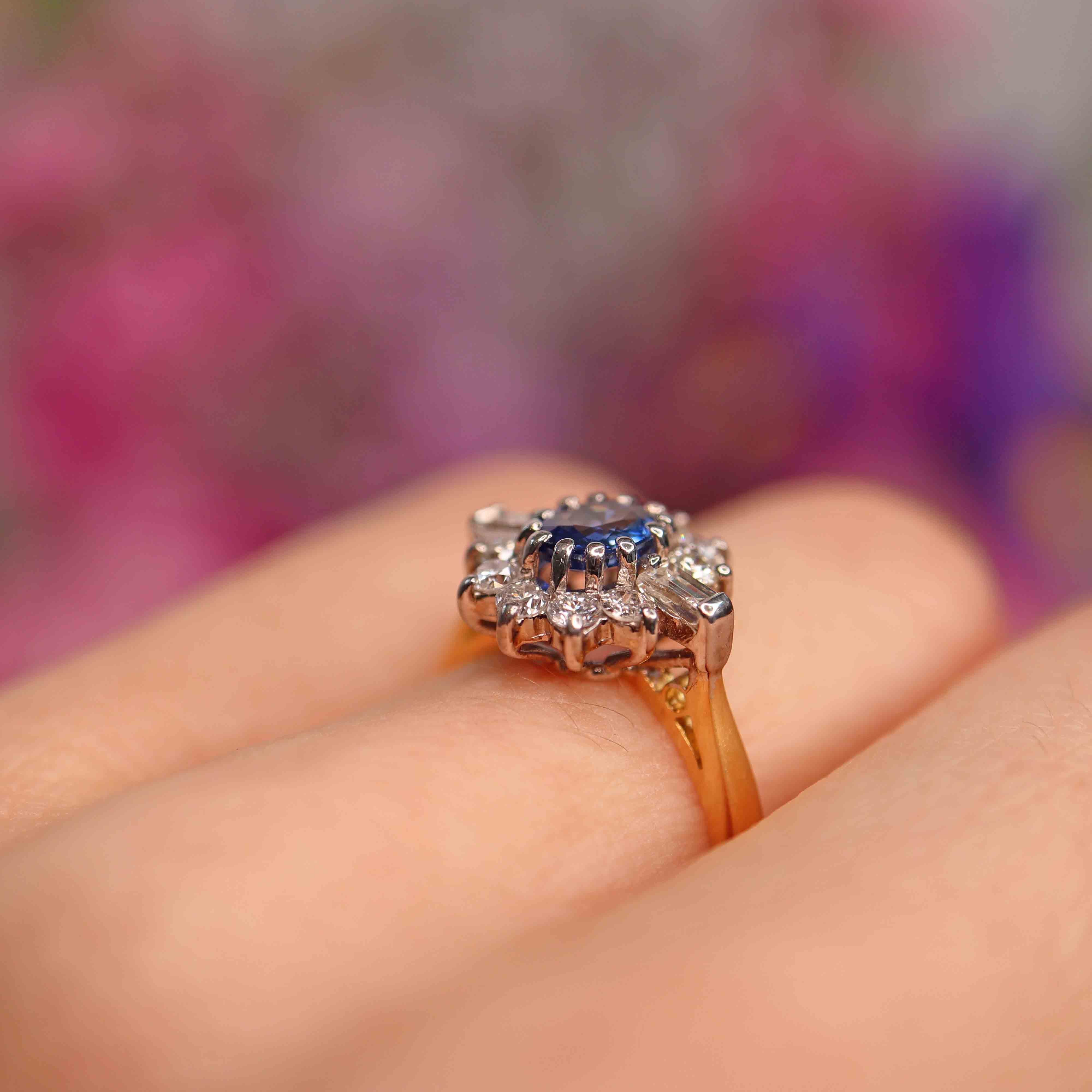 Ellibelle Jewellery Vintage 1989 Sapphire & Diamond 18ct Gold Cluster Engagement Ring (0.60cts)