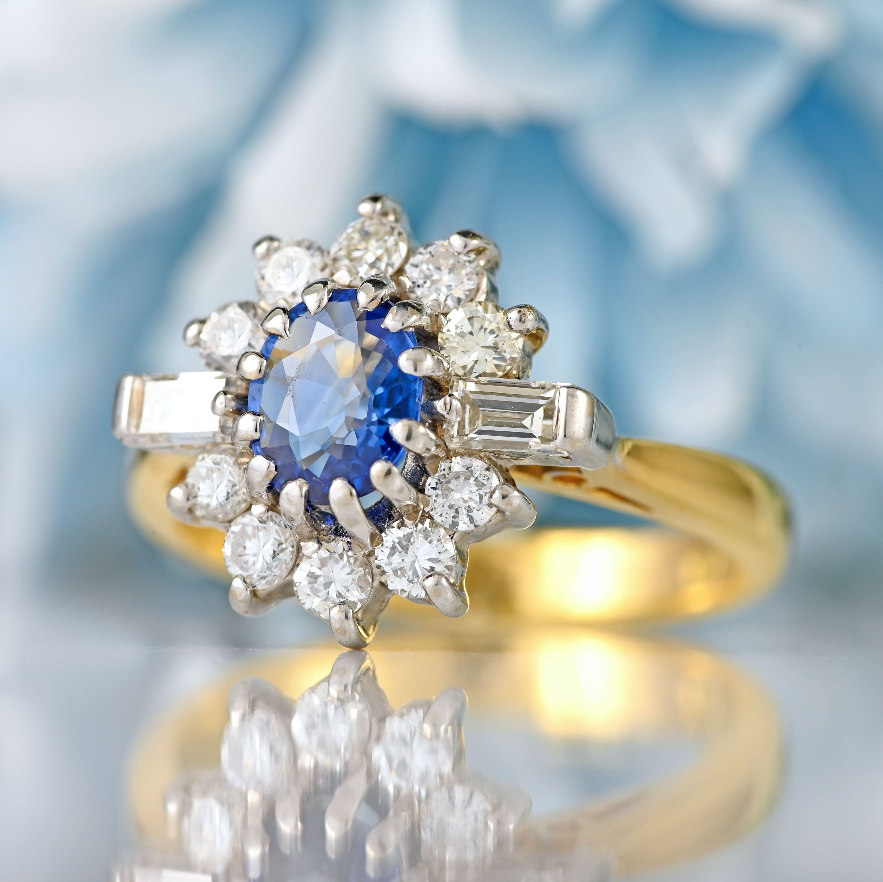 Ellibelle Jewellery Vintage 1989 Sapphire & Diamond 18ct Gold Cluster Engagement Ring (0.60cts)