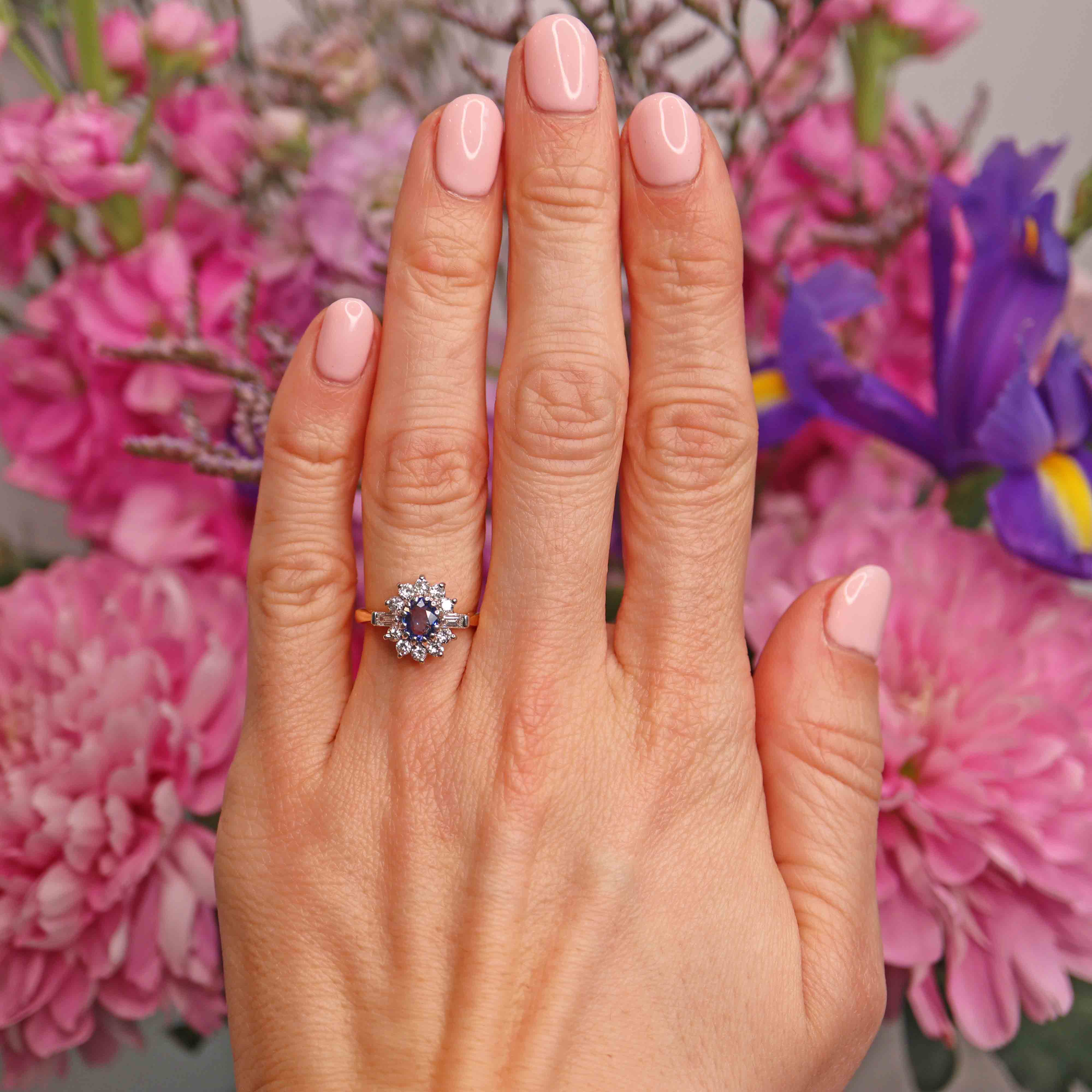 Ellibelle Jewellery Vintage 1989 Sapphire & Diamond 18ct Gold Cluster Engagement Ring (0.60cts)