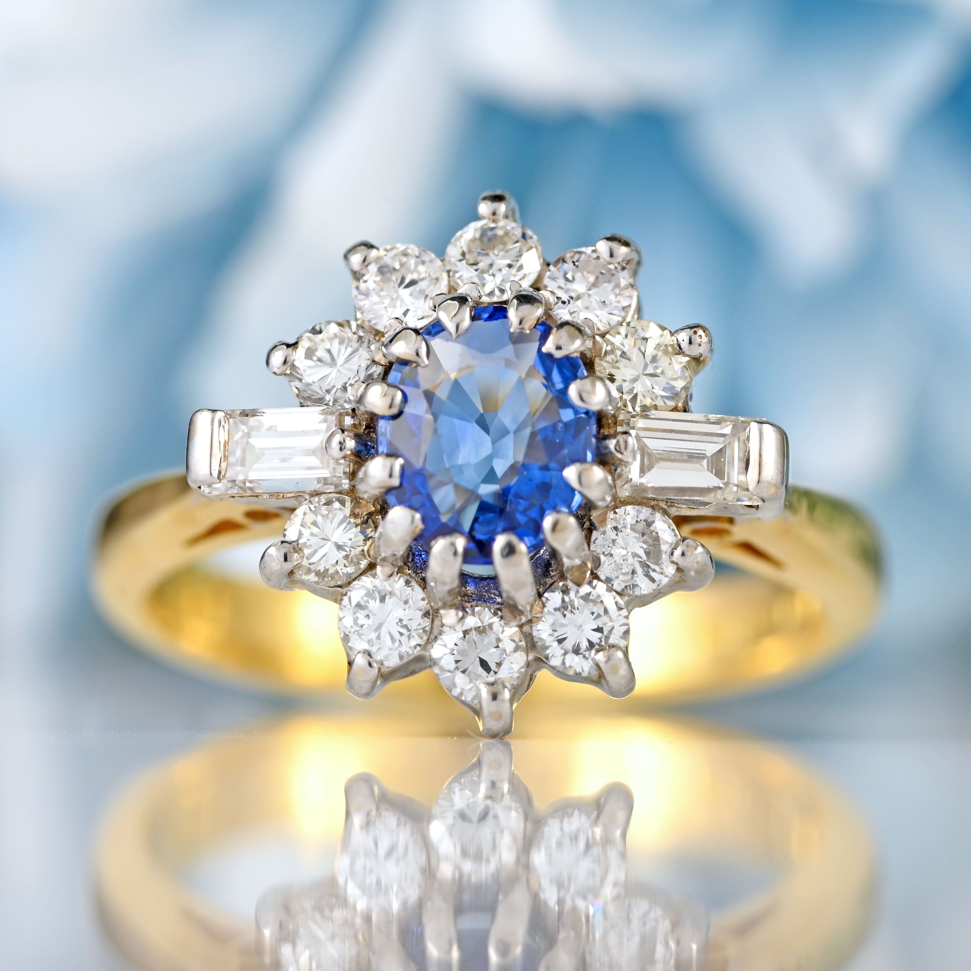 Ellibelle Jewellery Vintage 1989 Sapphire & Diamond 18ct Gold Cluster Engagement Ring (0.60cts)
