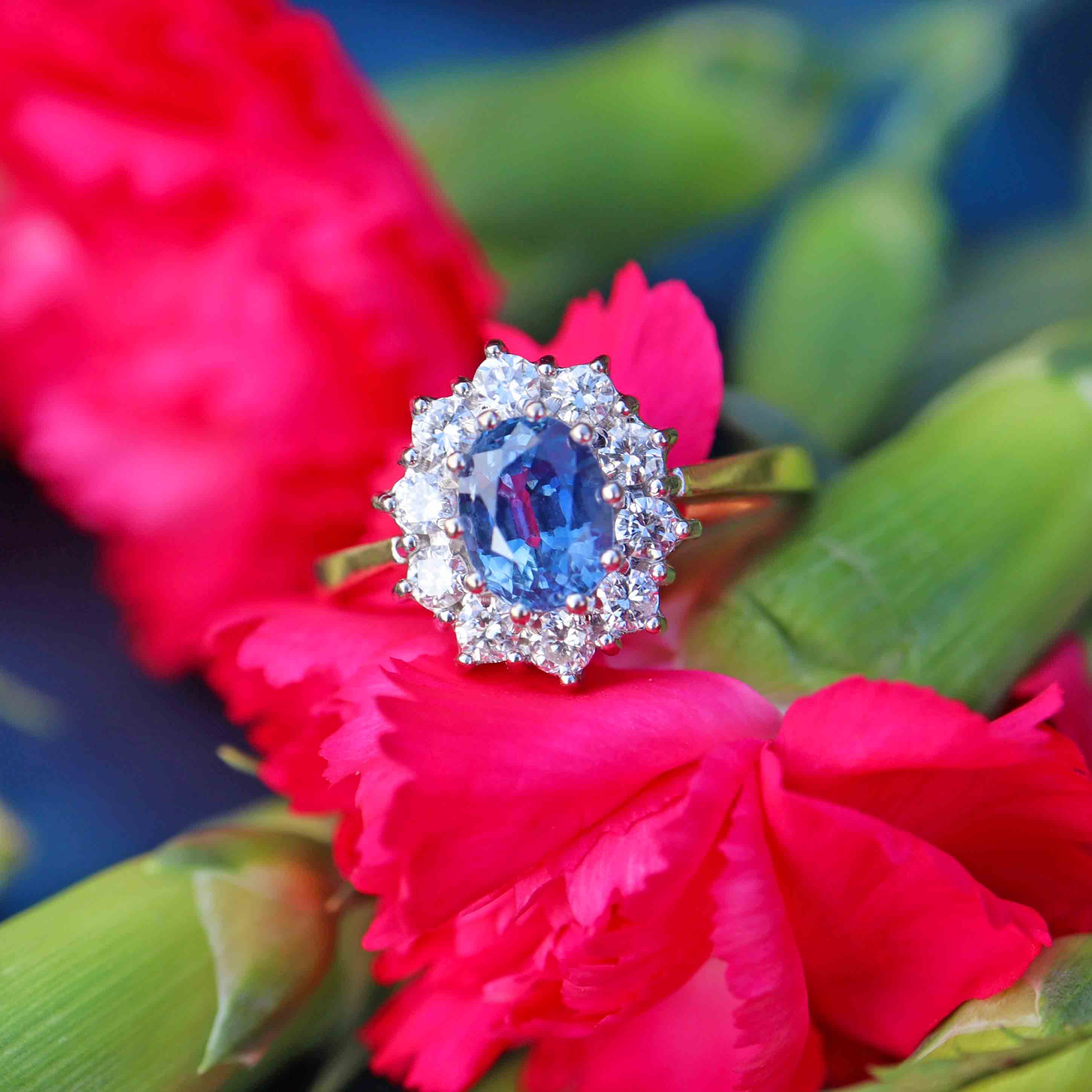 Ellibelle Jewellery Vintage 1989 Sapphire & Diamond 18ct Gold Cluster Engagement Ring (1.25cts)