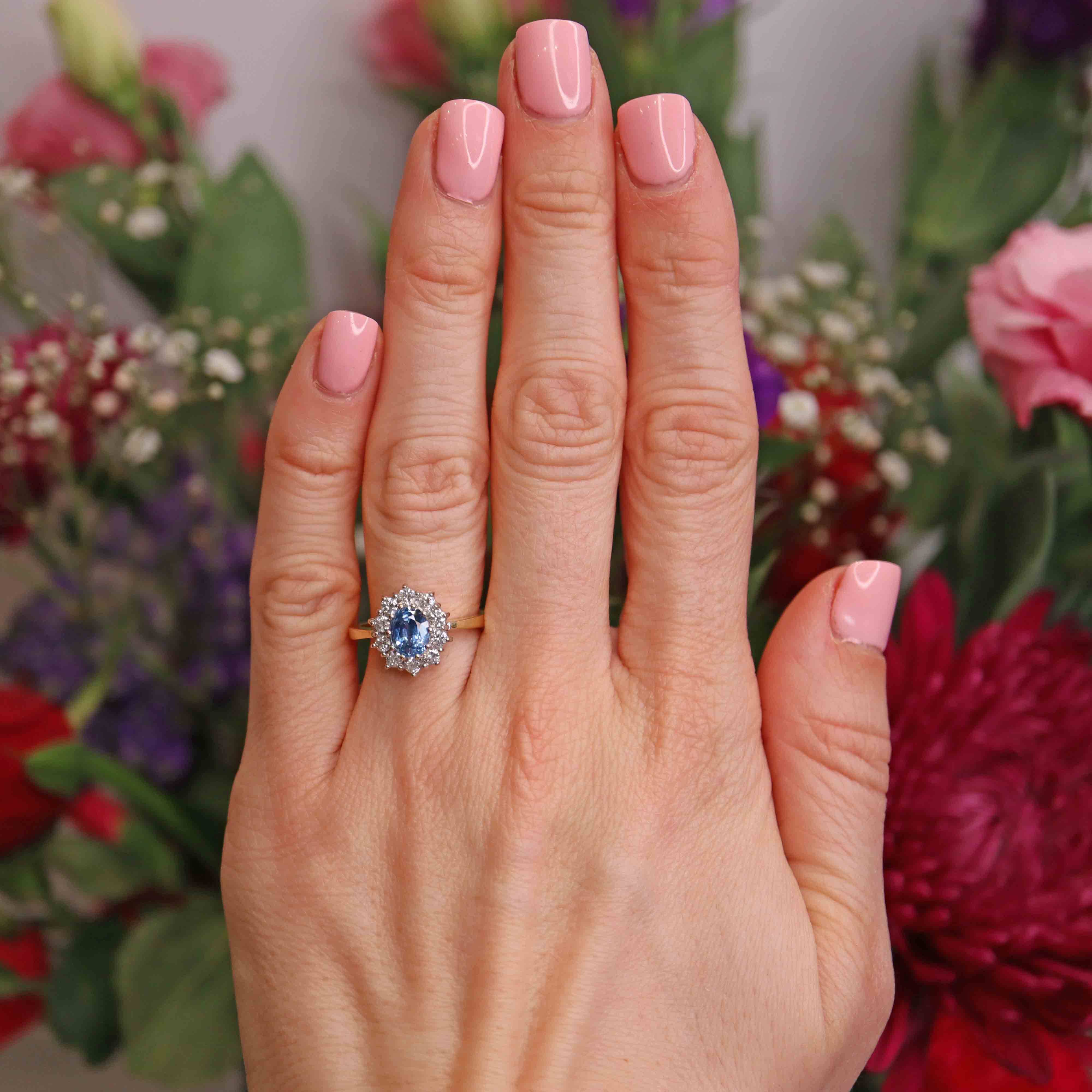 Ellibelle Jewellery Vintage 1989 Sapphire & Diamond 18ct Gold Cluster Engagement Ring (1.25cts)