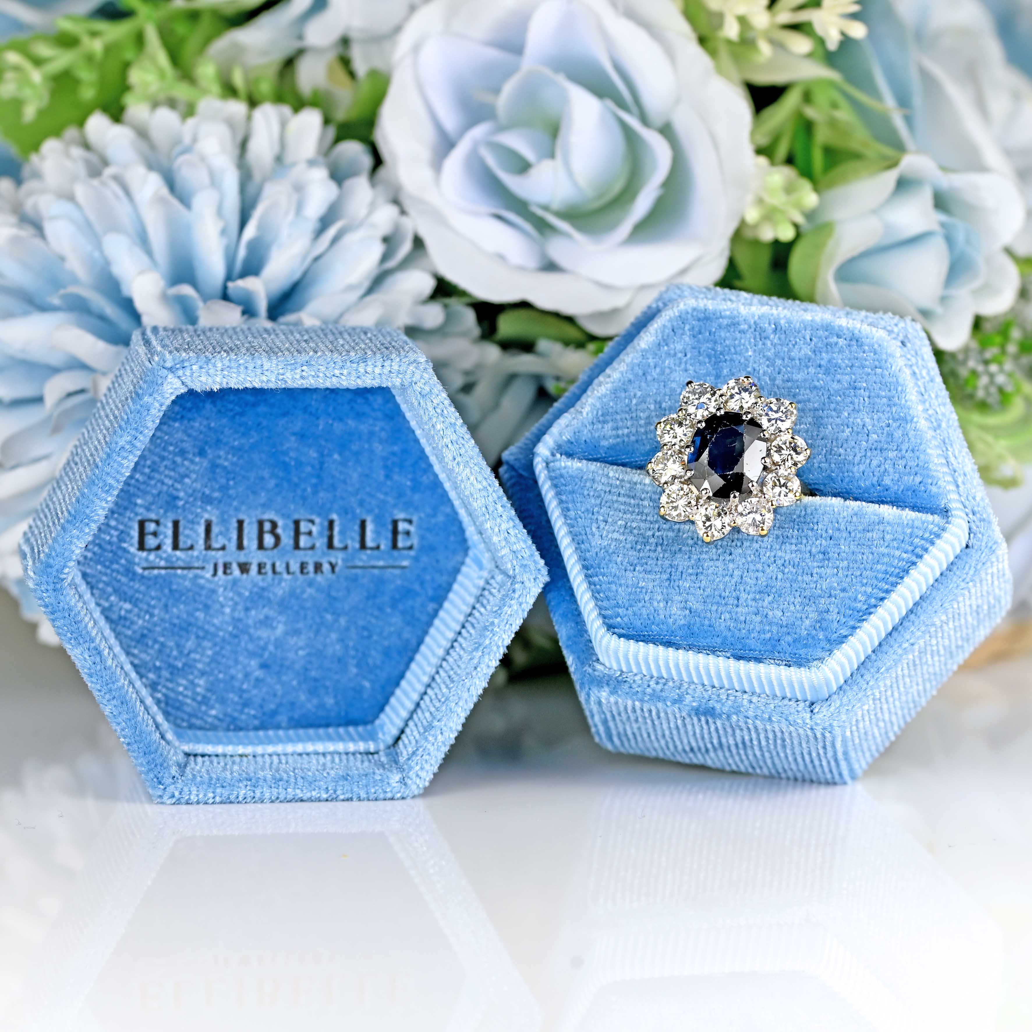 Ellibelle Jewellery Vintage 1989 Sapphire & Diamond 18ct Gold Cluster Engagement Ring