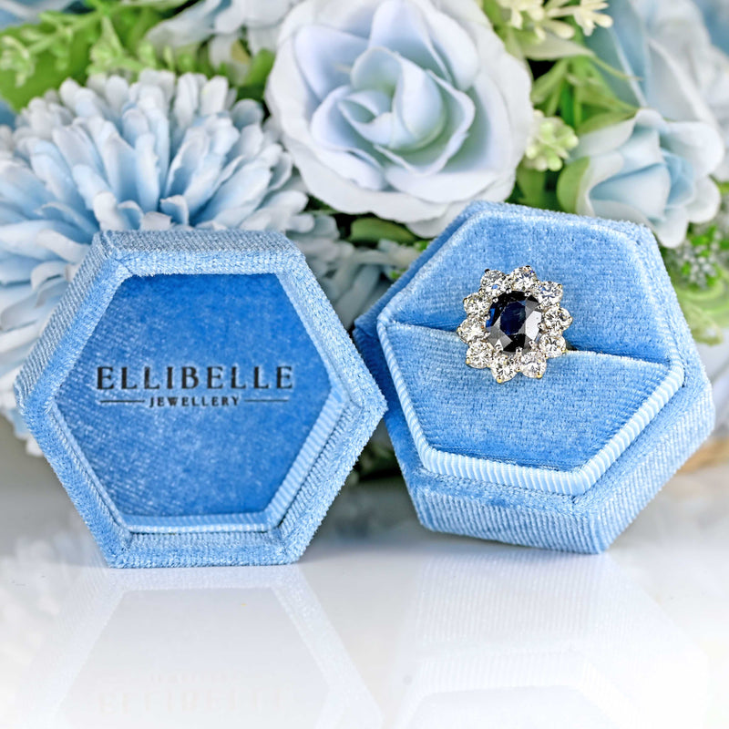 Ellibelle Jewellery Vintage 1989 Sapphire & Diamond 18ct Gold Cluster Engagement Ring