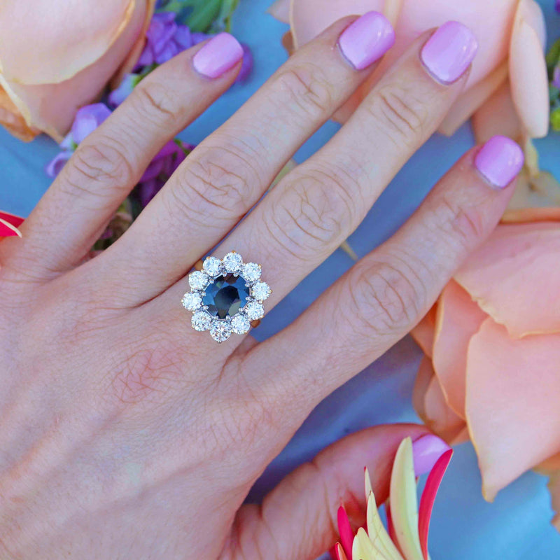 Ellibelle Jewellery Vintage 1989 Sapphire & Diamond 18ct Gold Cluster Engagement Ring