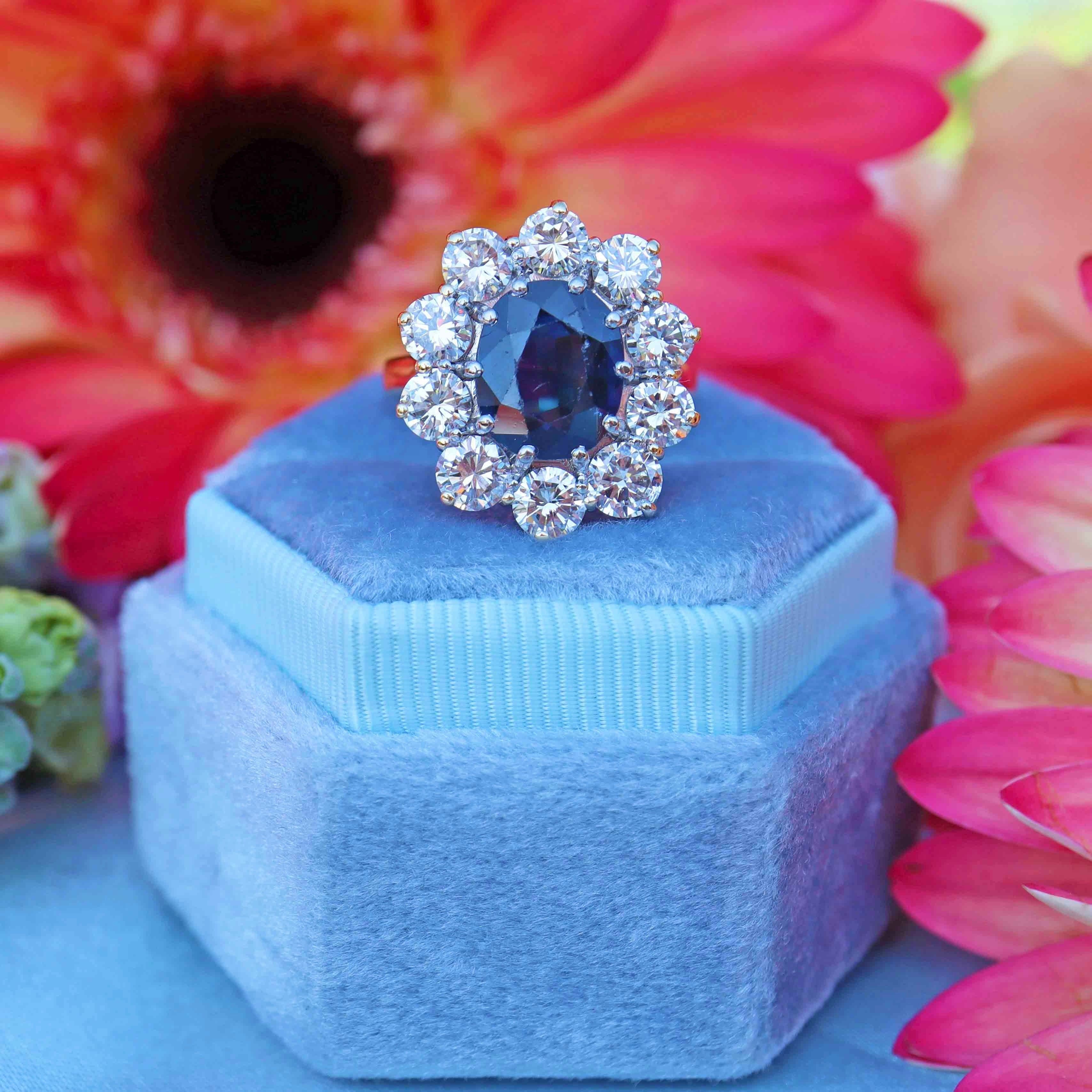Ellibelle Jewellery Vintage 1989 Sapphire & Diamond 18ct Gold Cluster Engagement Ring