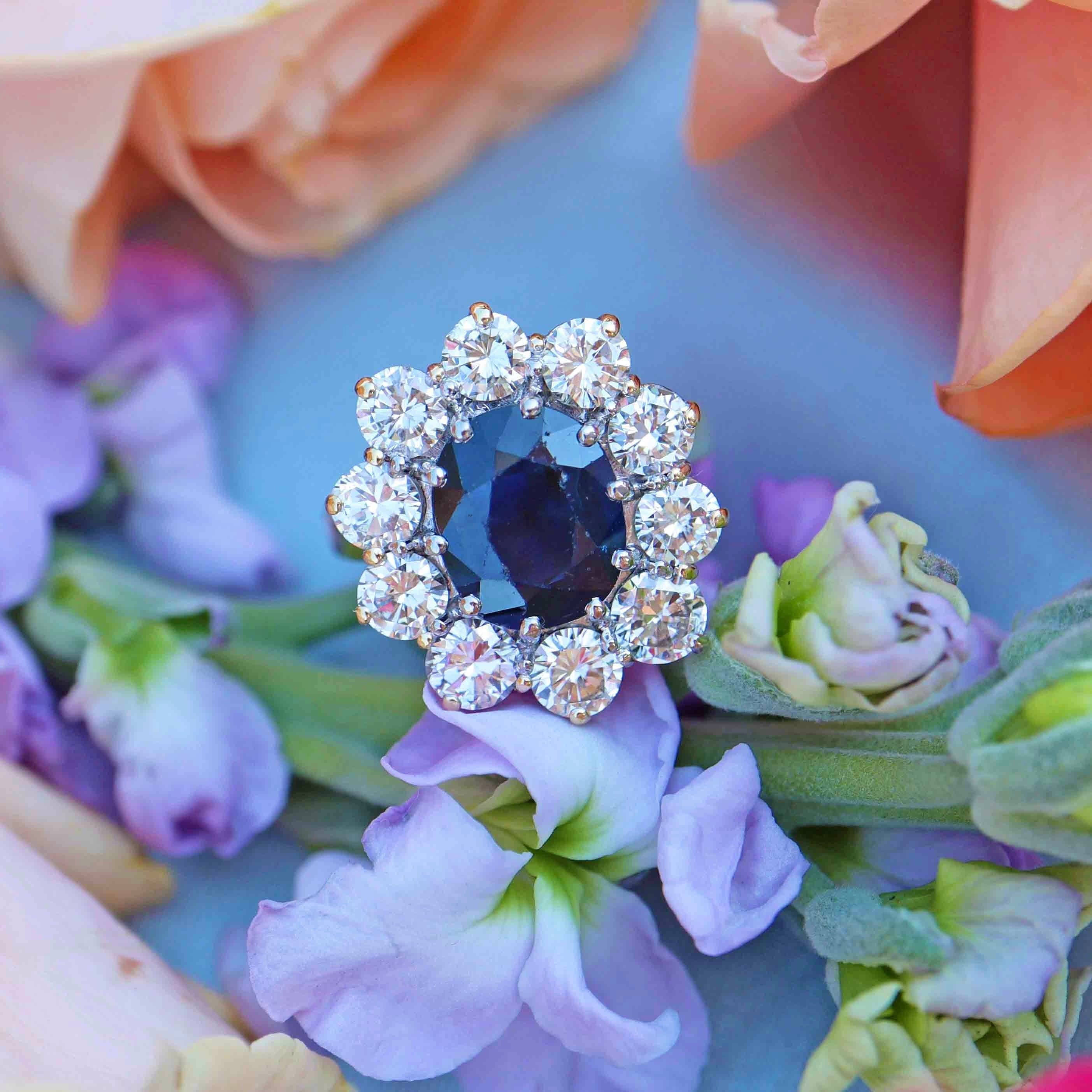 Ellibelle Jewellery Vintage 1989 Sapphire & Diamond 18ct Gold Cluster Engagement Ring