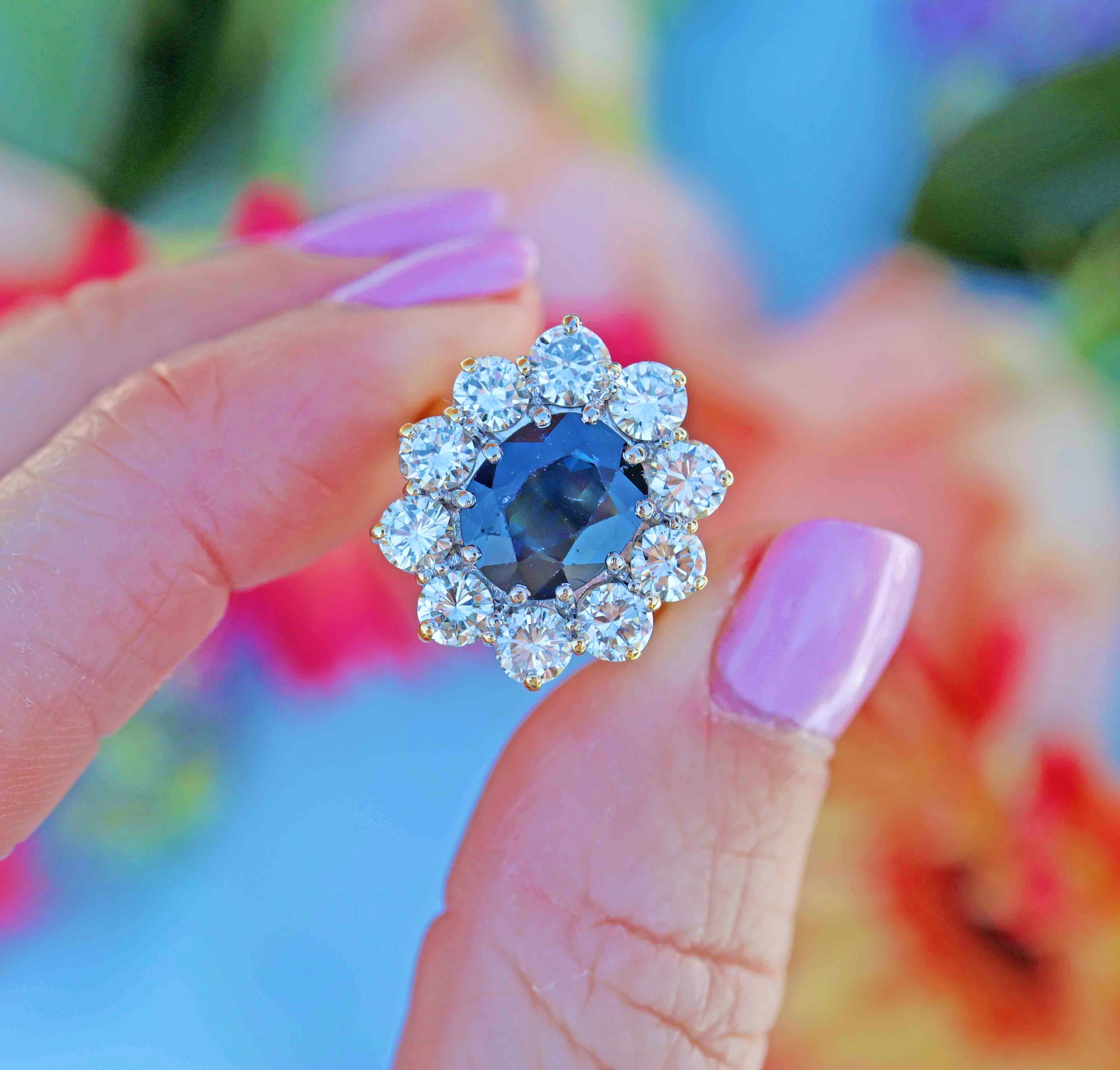Ellibelle Jewellery Vintage 1989 Sapphire & Diamond 18ct Gold Cluster Engagement Ring
