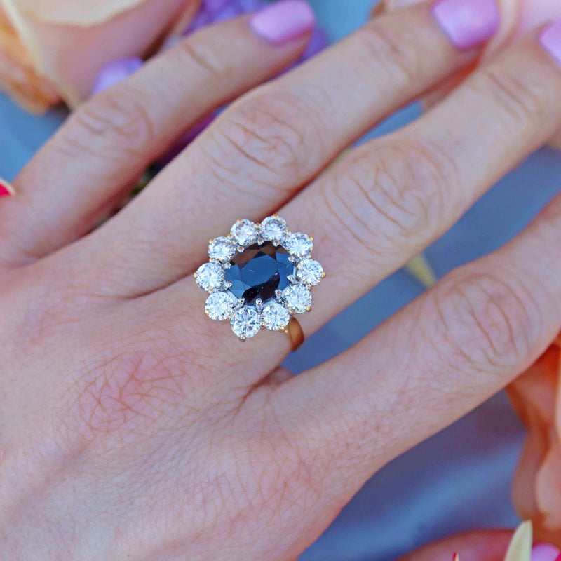 Ellibelle Jewellery Vintage 1989 Sapphire & Diamond 18ct Gold Cluster Engagement Ring