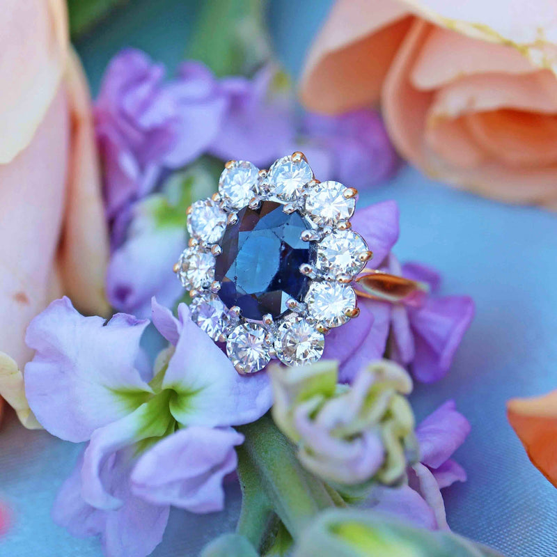 Ellibelle Jewellery Vintage 1989 Sapphire & Diamond 18ct Gold Cluster Engagement Ring