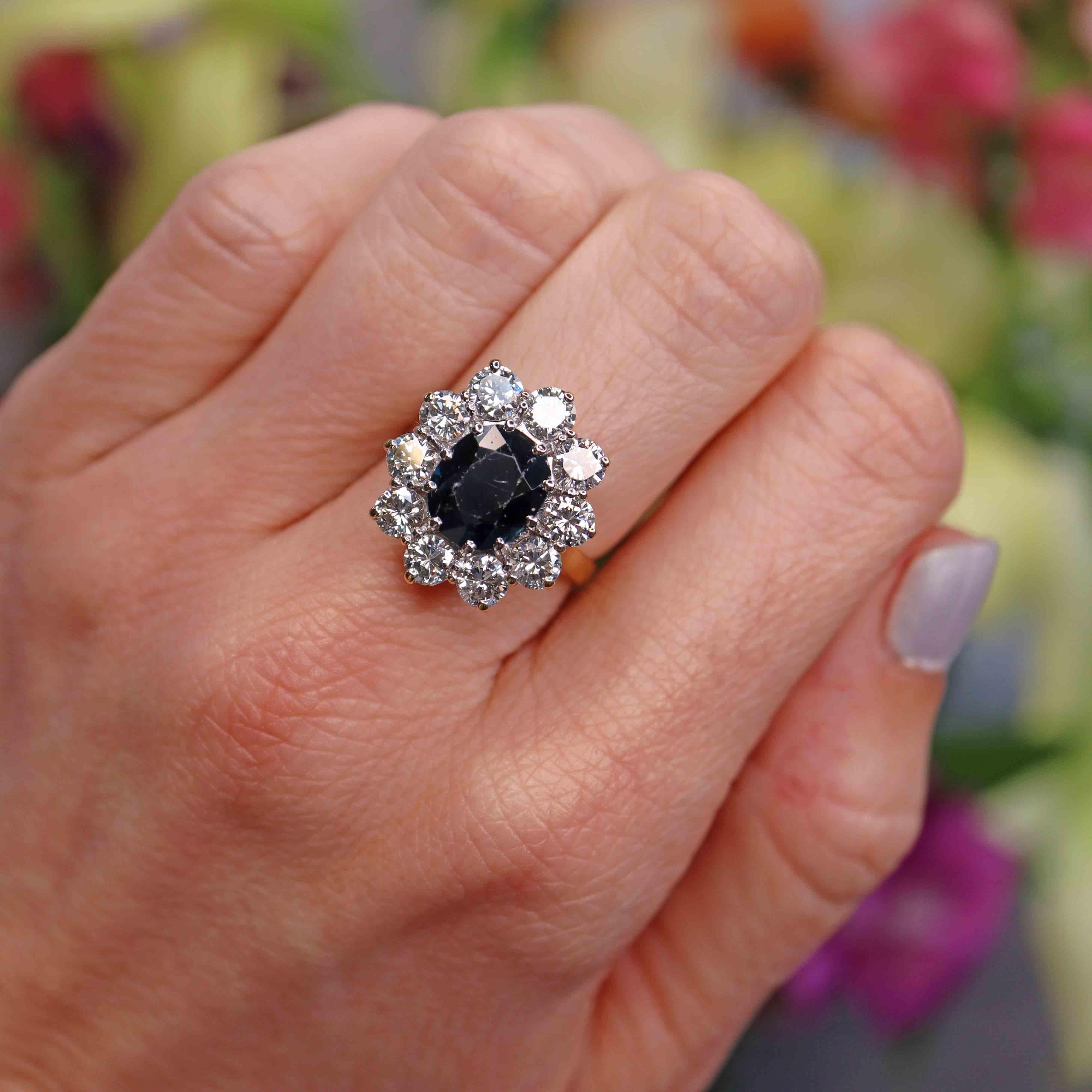 Ellibelle Jewellery Vintage 1989 Sapphire & Diamond 18ct Gold Cluster Engagement Ring