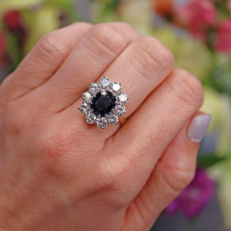 Ellibelle Jewellery Vintage 1989 Sapphire & Diamond 18ct Gold Cluster Engagement Ring