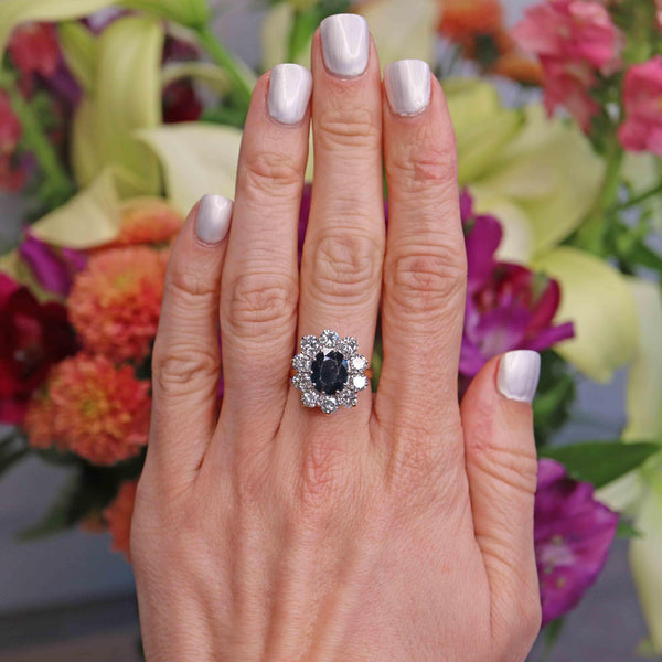 Ellibelle Jewellery Vintage 1989 Sapphire & Diamond 18ct Gold Cluster Engagement Ring