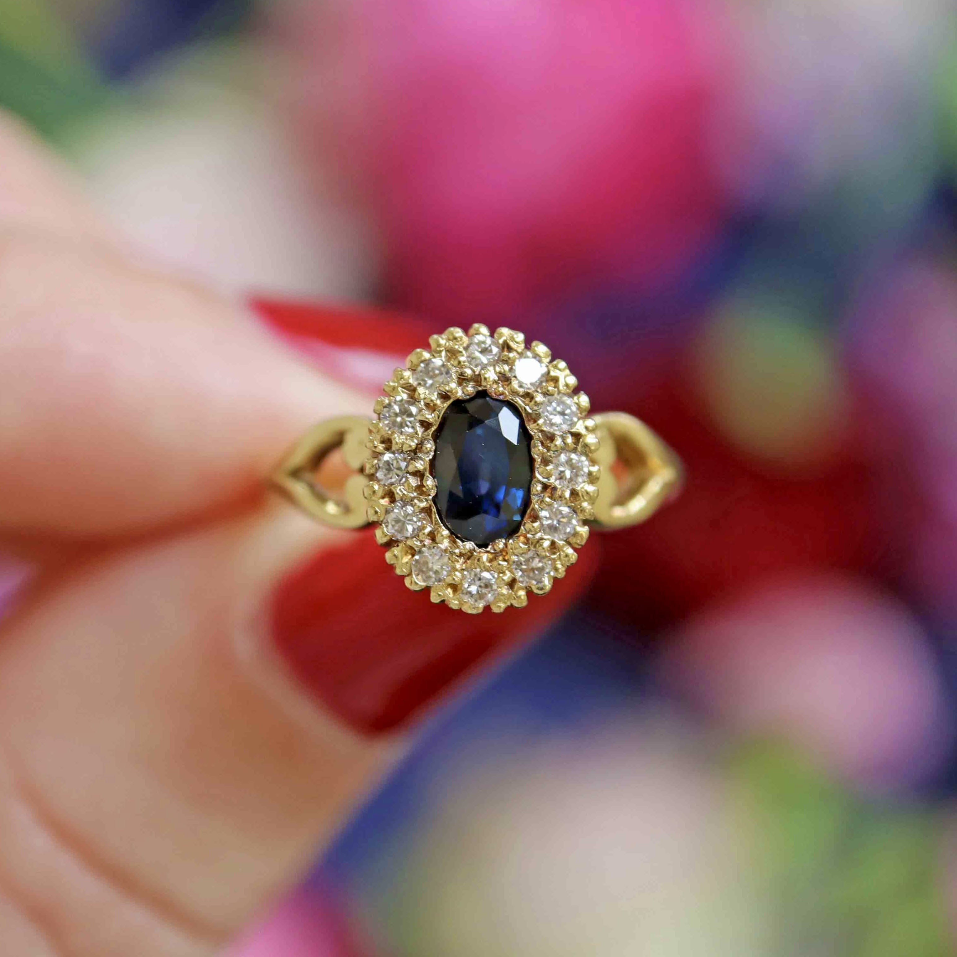 Ellibelle Jewellery Vintage 1989 Sapphire & Diamond 18ct Gold Cluster Engagement Ring