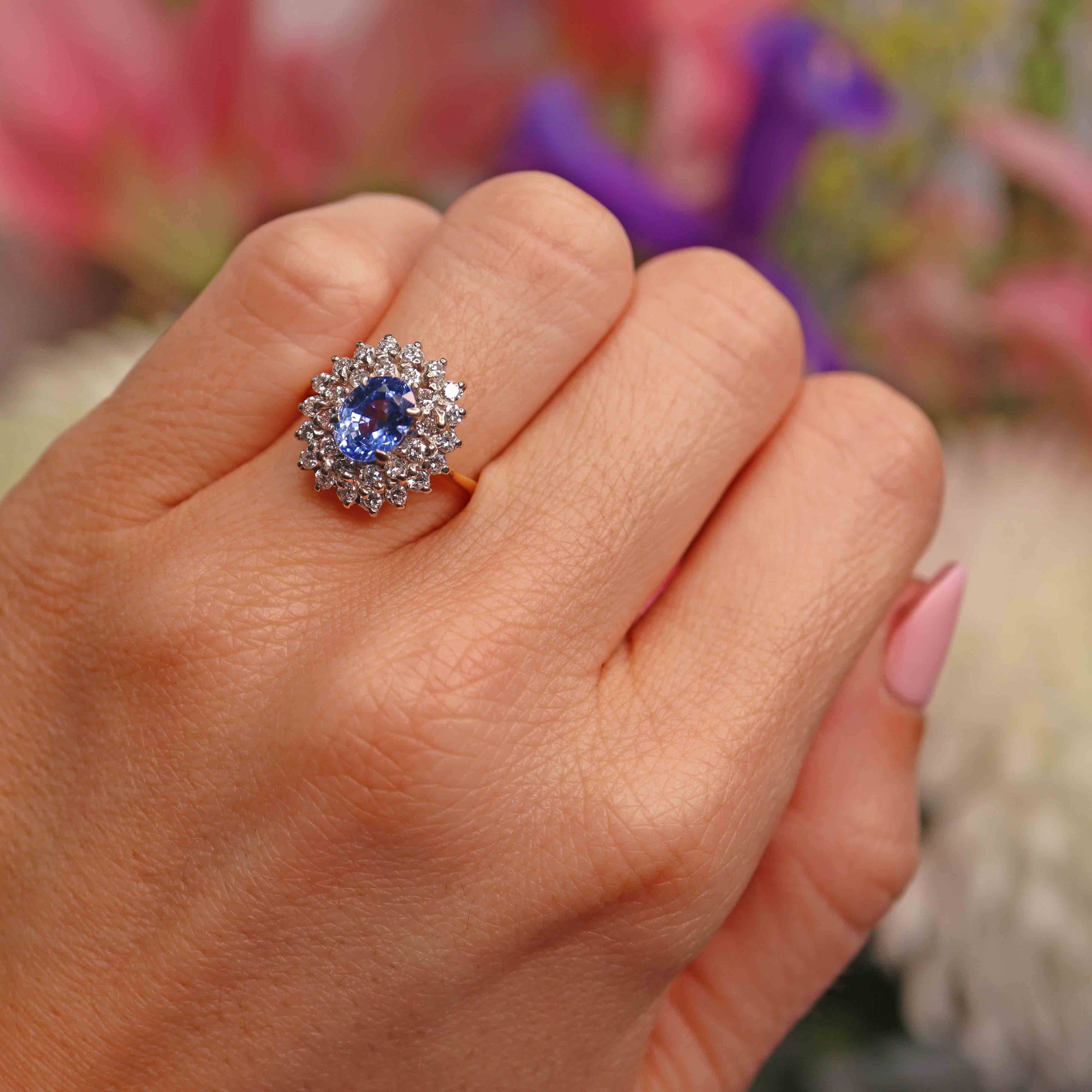 Ellibelle Jewellery Vintage 1989 Sapphire & Diamond 18ct Gold Double Cluster Ring