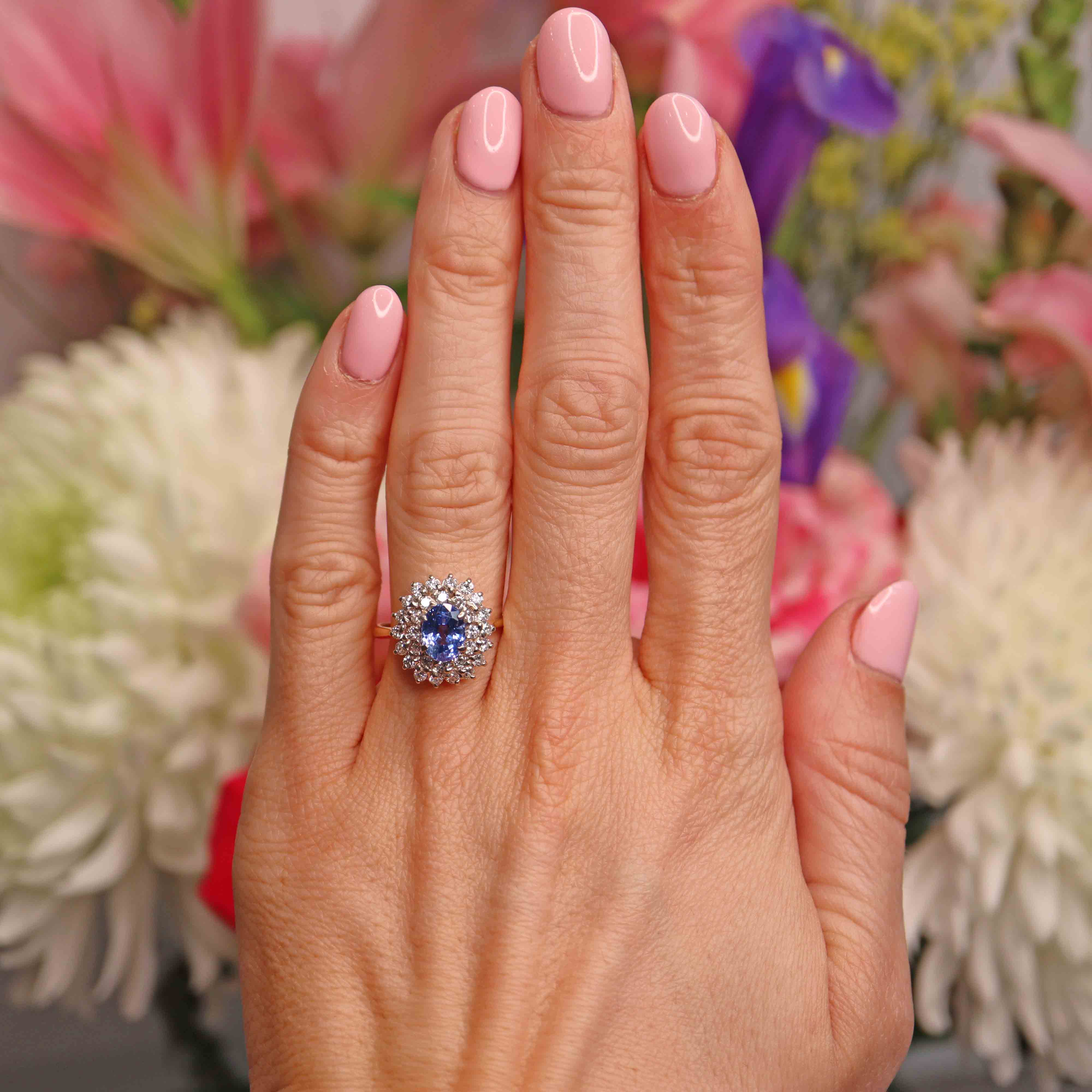 Ellibelle Jewellery Vintage 1989 Sapphire & Diamond 18ct Gold Double Cluster Ring