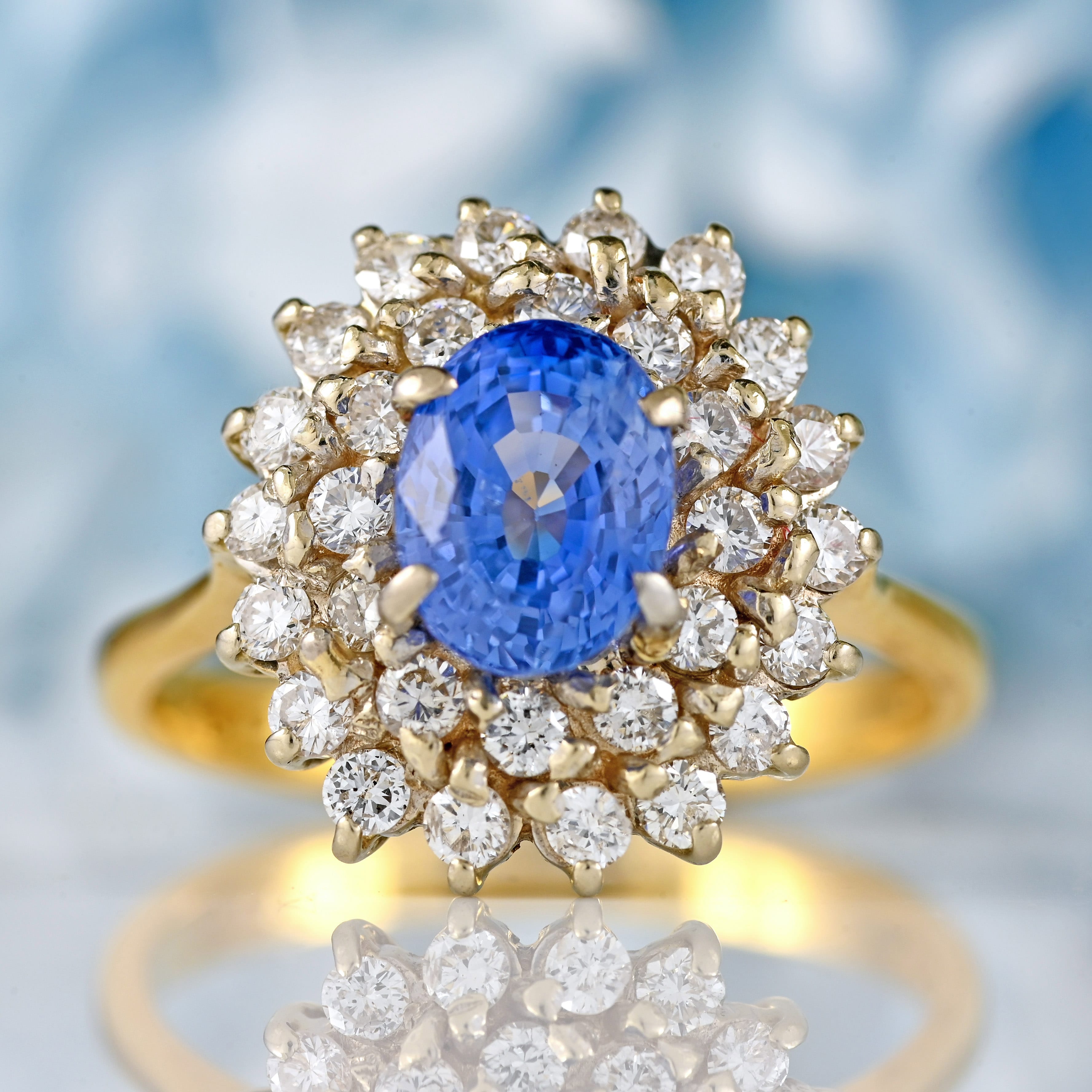 Ellibelle Jewellery Vintage 1989 Sapphire & Diamond 18ct Gold Double Cluster Ring