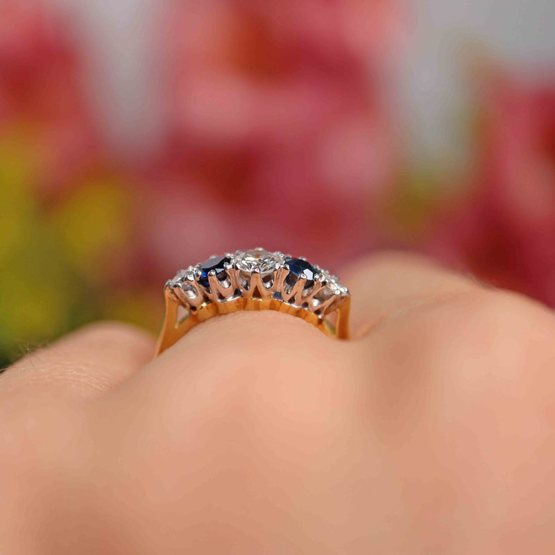 Ellibelle Jewellery Vintage 1989 Sapphire & Diamond 18ct Gold Five-Stone Ring