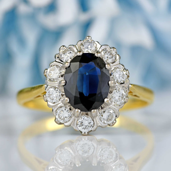 Ellibelle Jewellery Vintage 1989 Sapphire & Diamond 18ct Gold Oval Cluster Engagement Ring