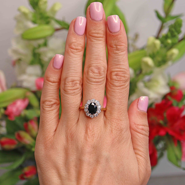 Ellibelle Jewellery Vintage 1989 Sapphire & Diamond 18ct Gold Oval Cluster Engagement Ring