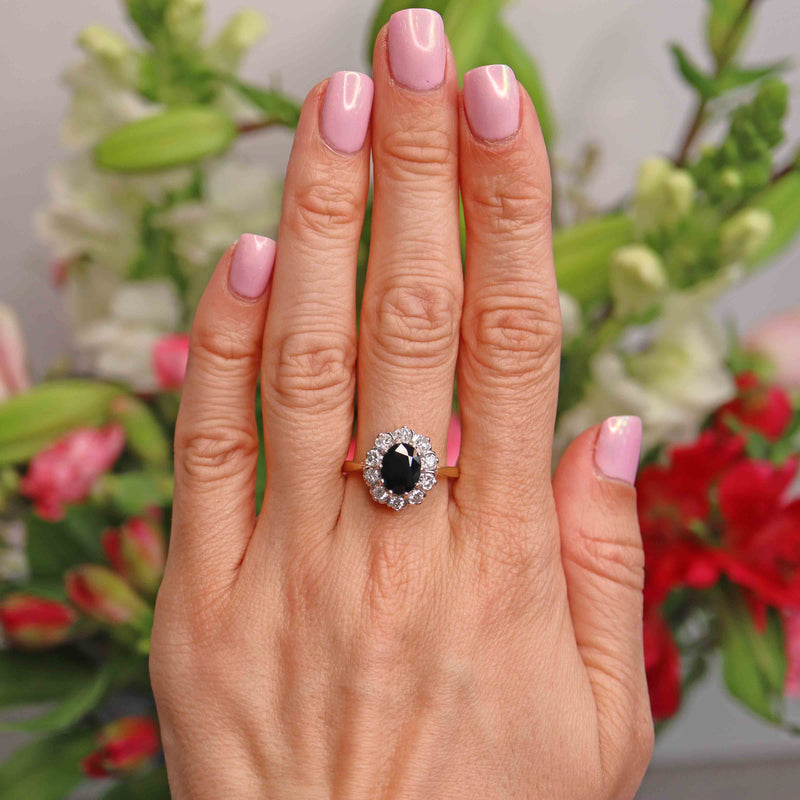 Ellibelle Jewellery Vintage 1989 Sapphire & Diamond 18ct Gold Oval Cluster Engagement Ring