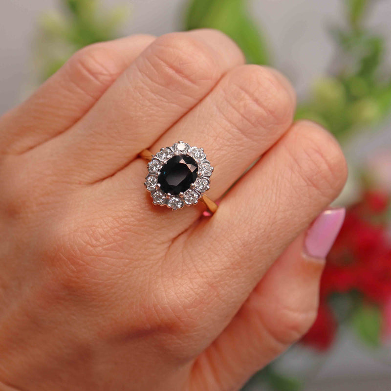 Ellibelle Jewellery Vintage 1989 Sapphire & Diamond 18ct Gold Oval Cluster Engagement Ring
