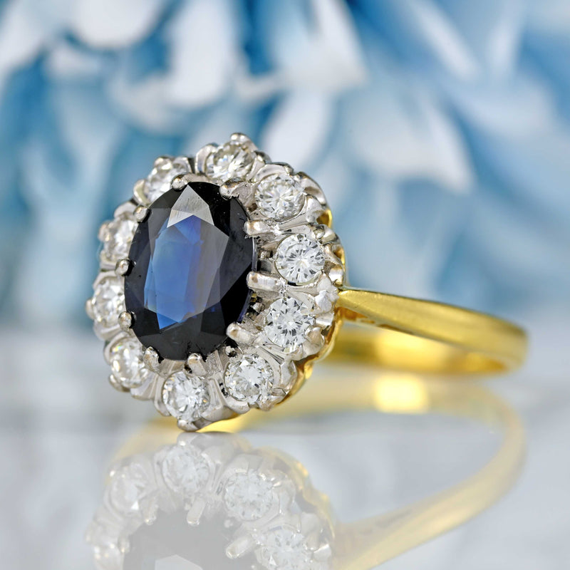 Ellibelle Jewellery Vintage 1989 Sapphire & Diamond 18ct Gold Oval Cluster Engagement Ring