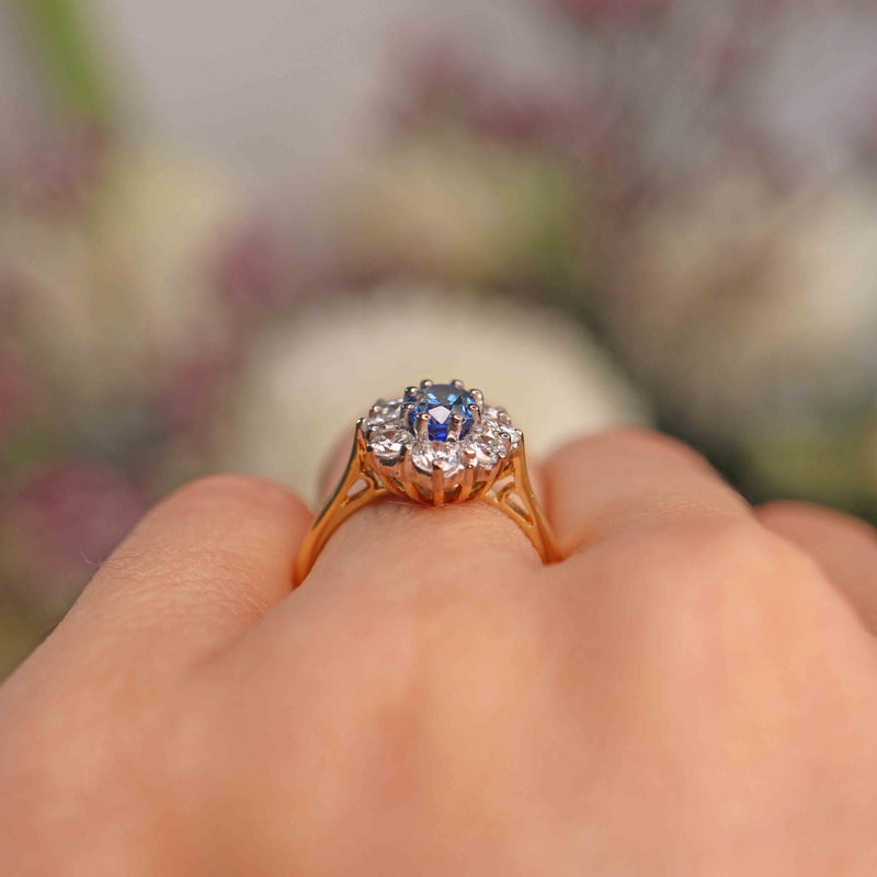 Ellibelle Jewellery Vintage 1989 Sapphire & Diamond 18ct Gold Oval Cluster Ring