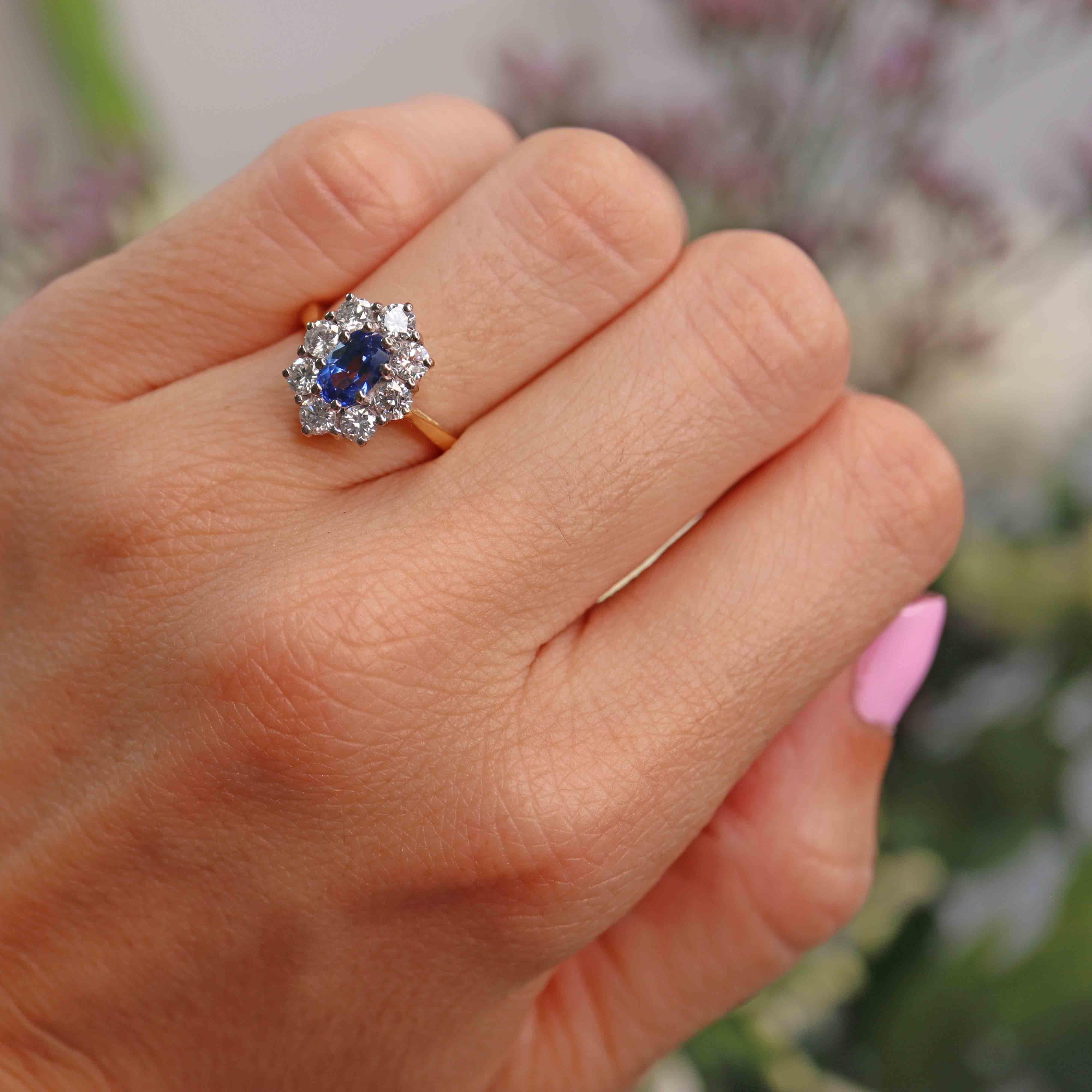 Ellibelle Jewellery Vintage 1989 Sapphire & Diamond 18ct Gold Oval Cluster Ring