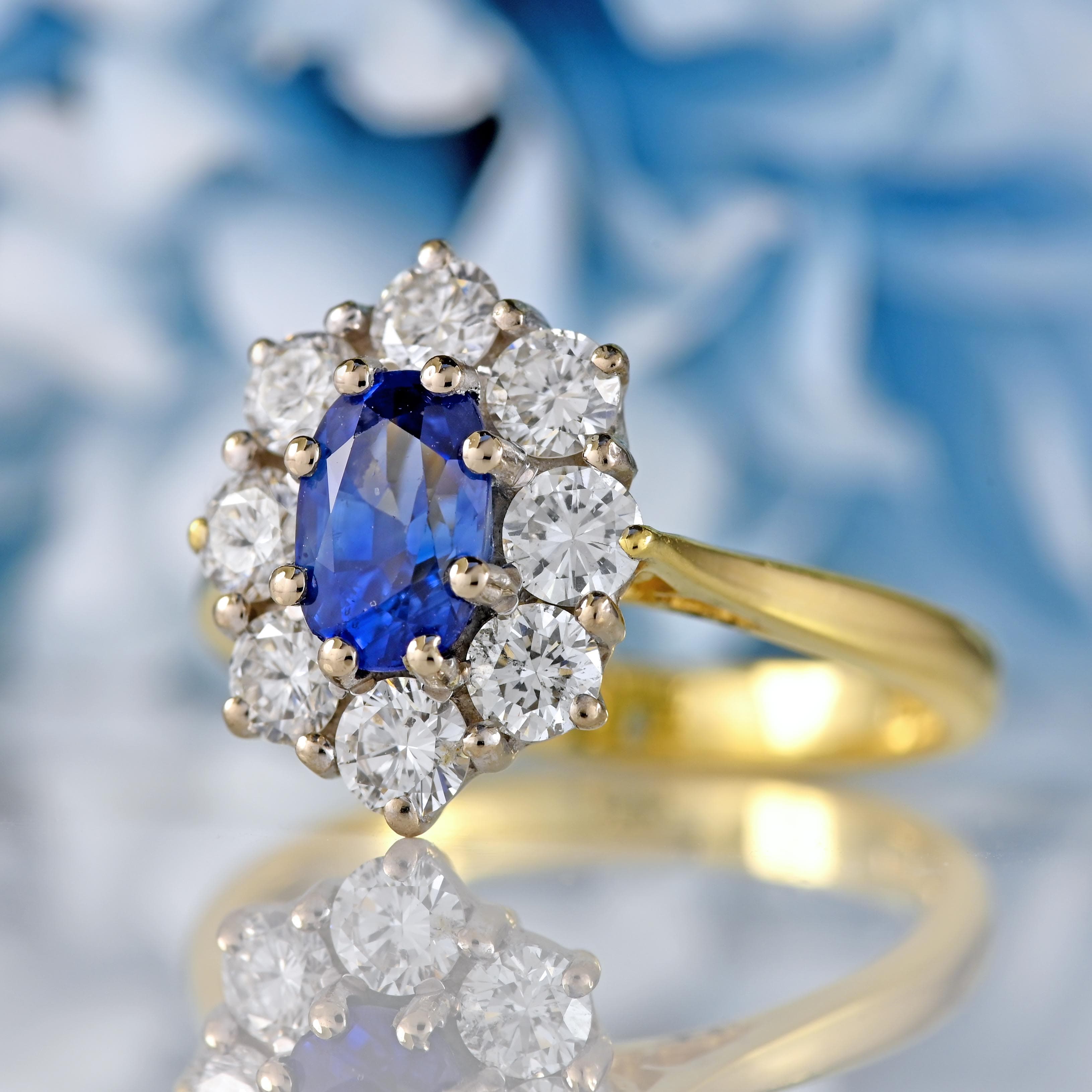 Ellibelle Jewellery Vintage 1989 Sapphire & Diamond 18ct Gold Oval Cluster Ring