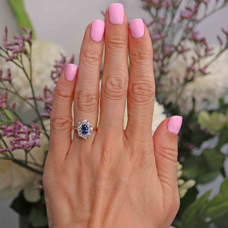 Ellibelle Jewellery Vintage 1989 Sapphire & Diamond 18ct Gold Oval Cluster Ring