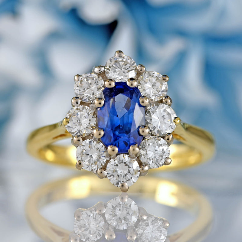 Ellibelle Jewellery Vintage 1989 Sapphire & Diamond 18ct Gold Oval Cluster Ring