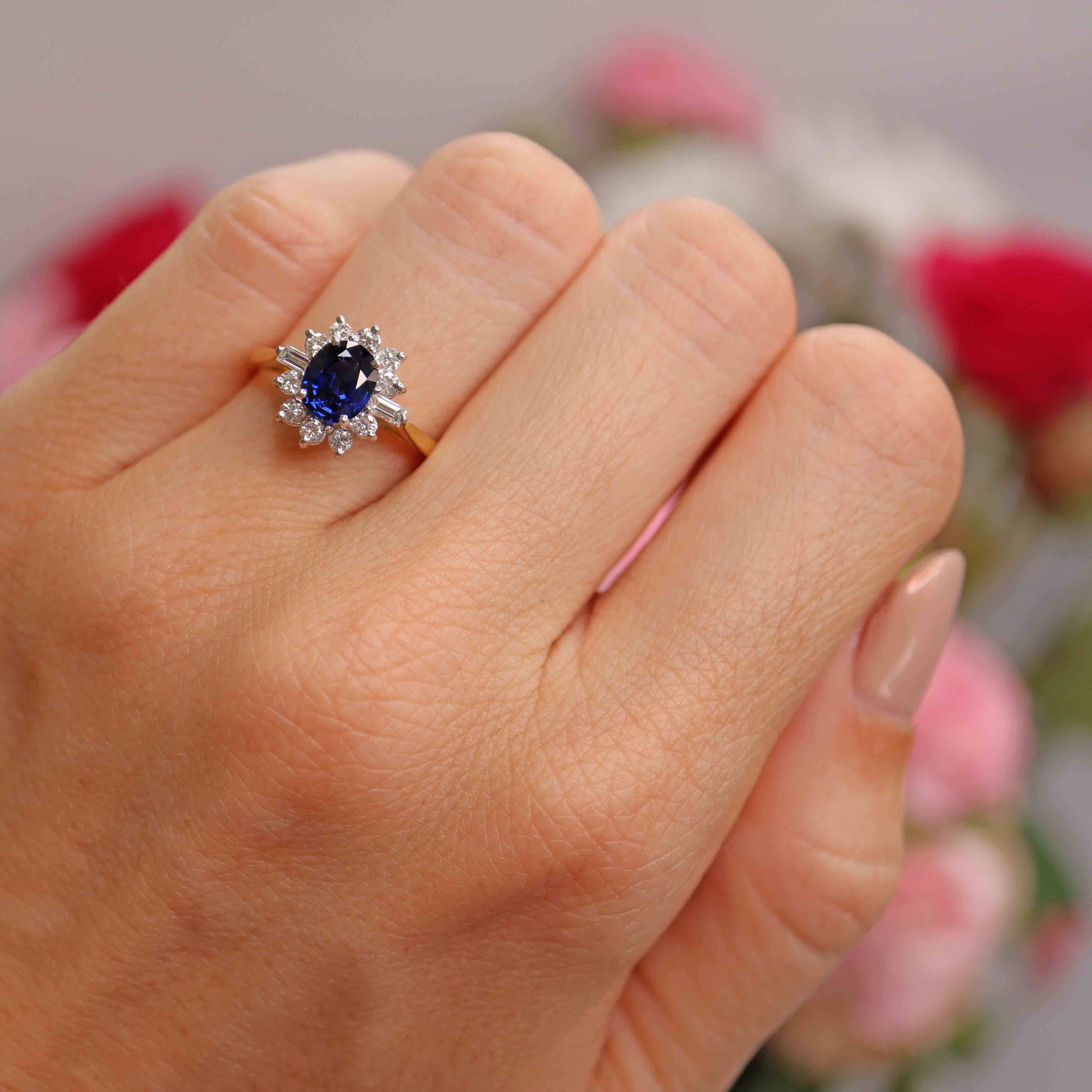 Ellibelle Jewellery Vintage 1989 Sapphire & Vari-Cut Diamond 18ct Gold Cluster Ring