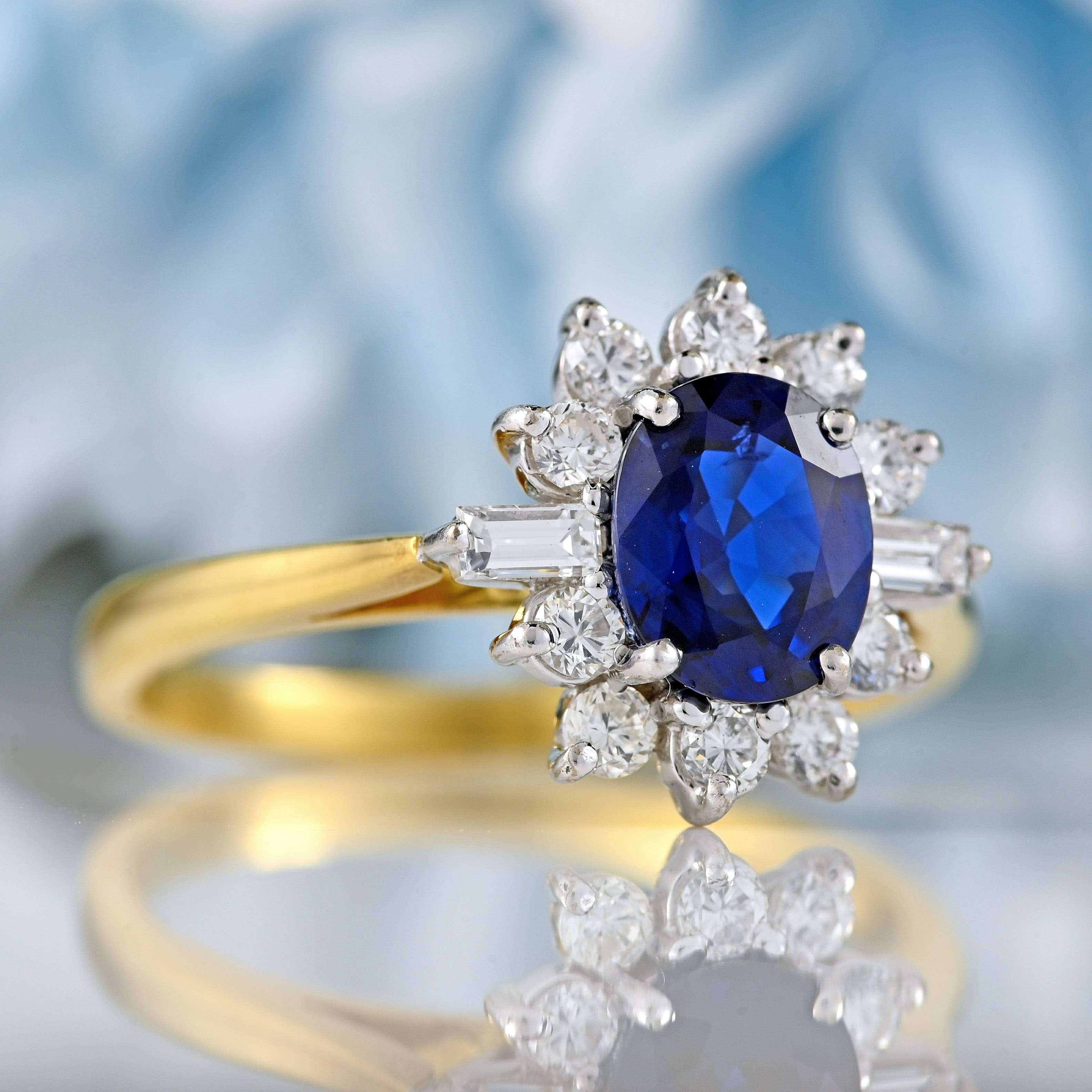 Ellibelle Jewellery Vintage 1989 Sapphire & Vari-Cut Diamond 18ct Gold Cluster Ring