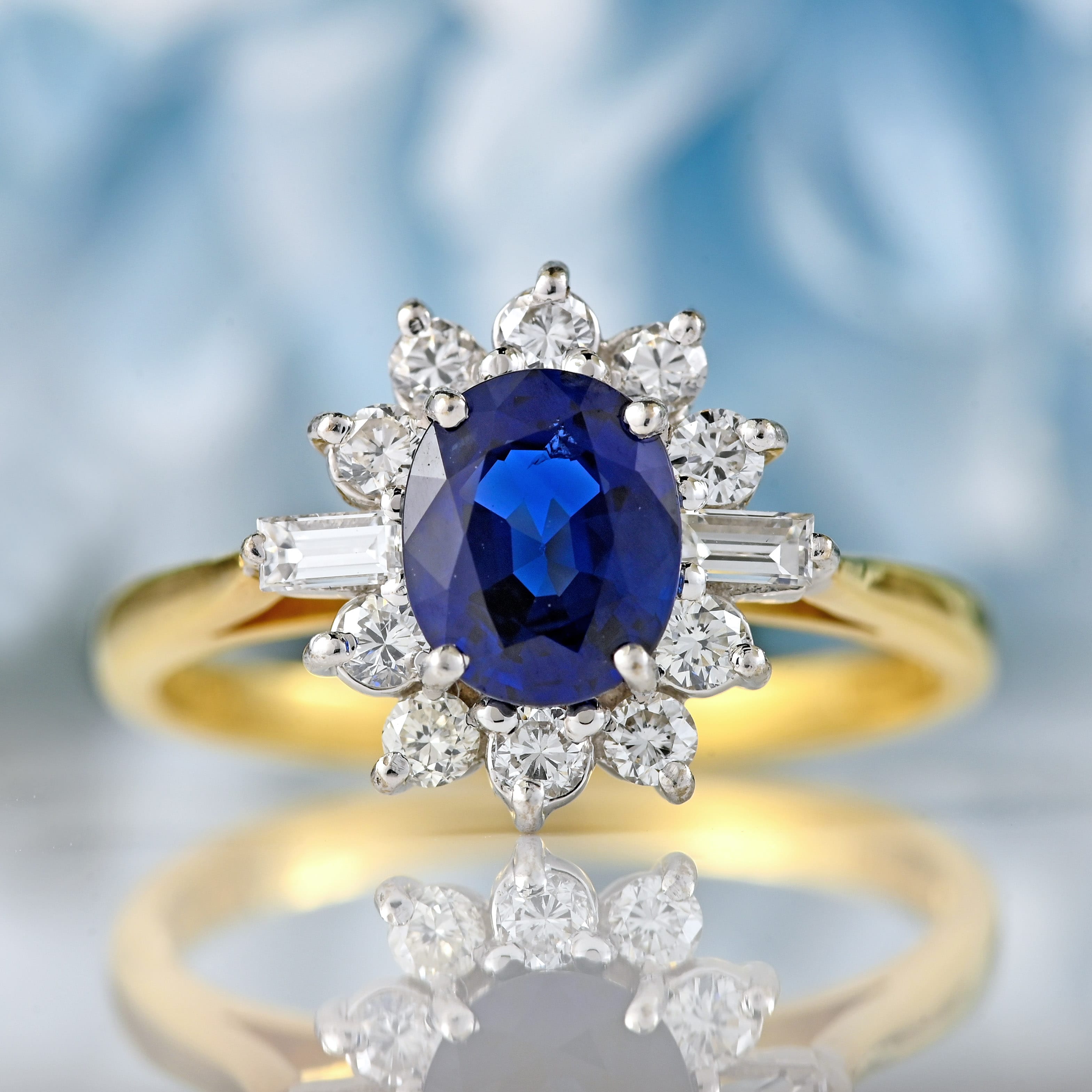 Ellibelle Jewellery Vintage 1989 Sapphire & Vari-Cut Diamond 18ct Gold Cluster Ring